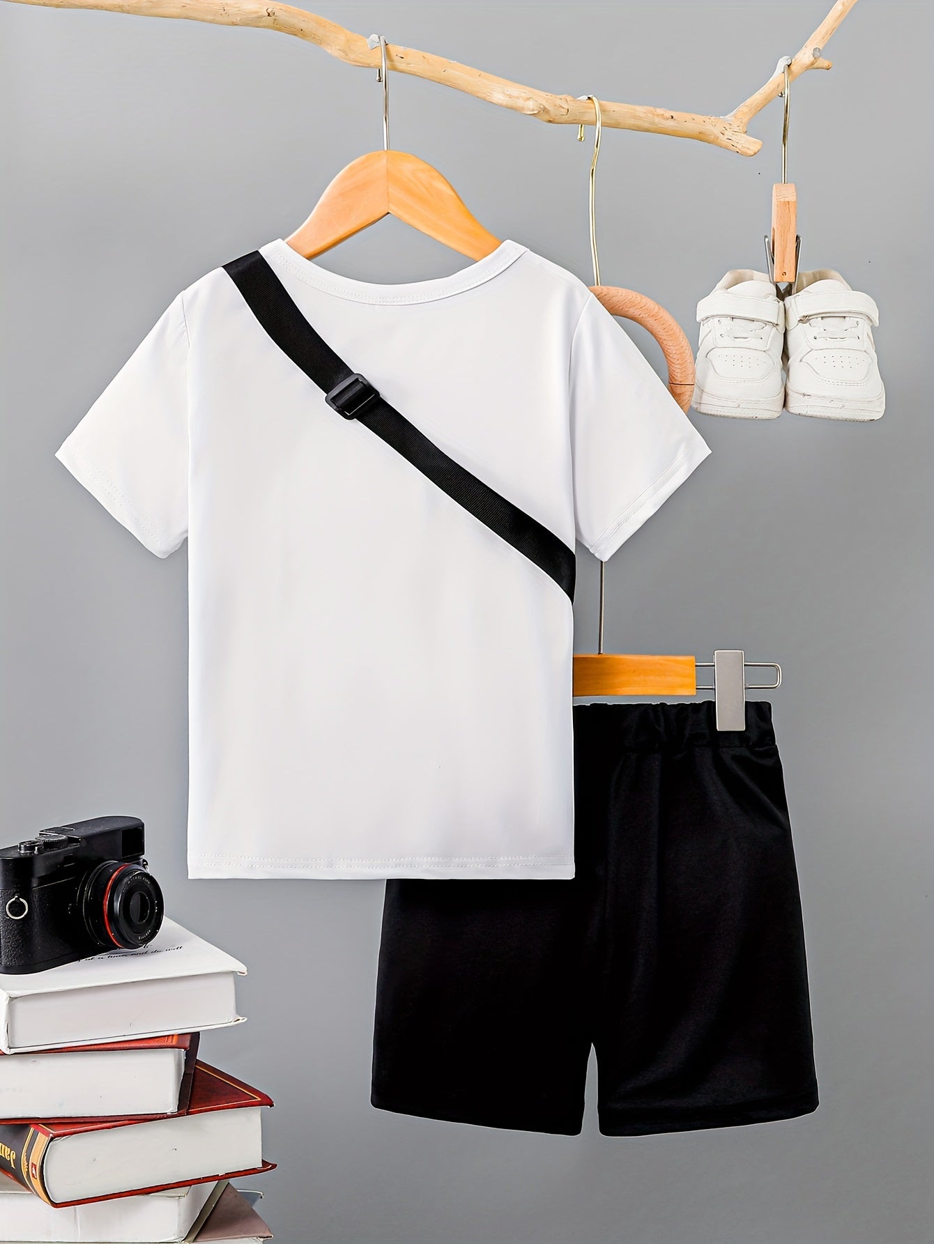 3-Pack Boys Trendy Summer Outfit - Soft Cotton Blend Solid T-shirts with Fun Smile Face Shorts & Handy Crossbody Bag - Comfortable, Lightweight, Perfect for Playtime - Snug & Style