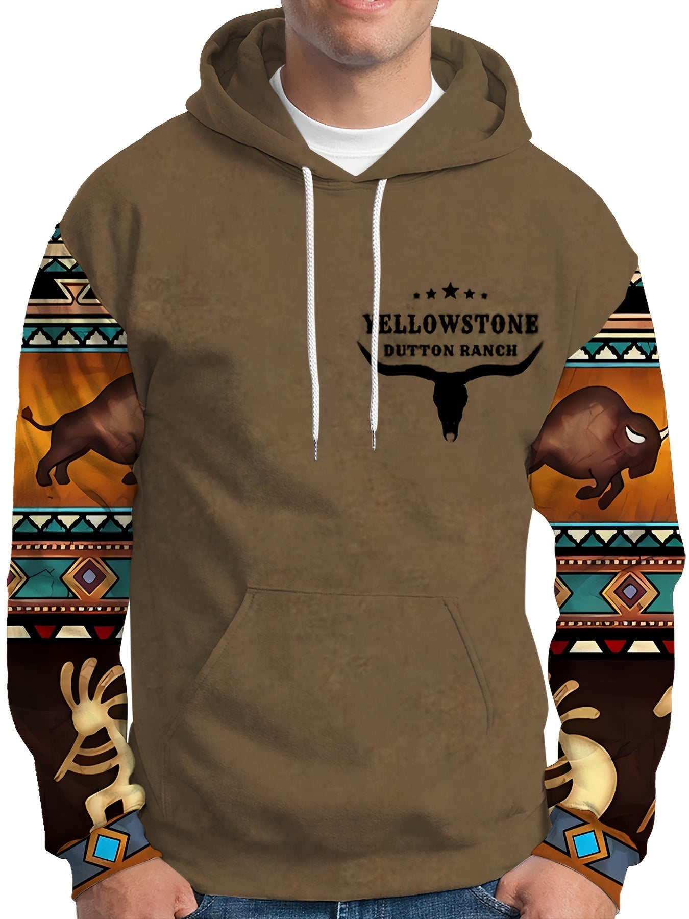 Plus Size Mens Fashion Hoodie with Bold Ethnic Prints & Intricate Bull Skull Design - Warm, Stylish Sweatshirt for Fall Winter - Comfortable Mens Apparel - Snug & Style