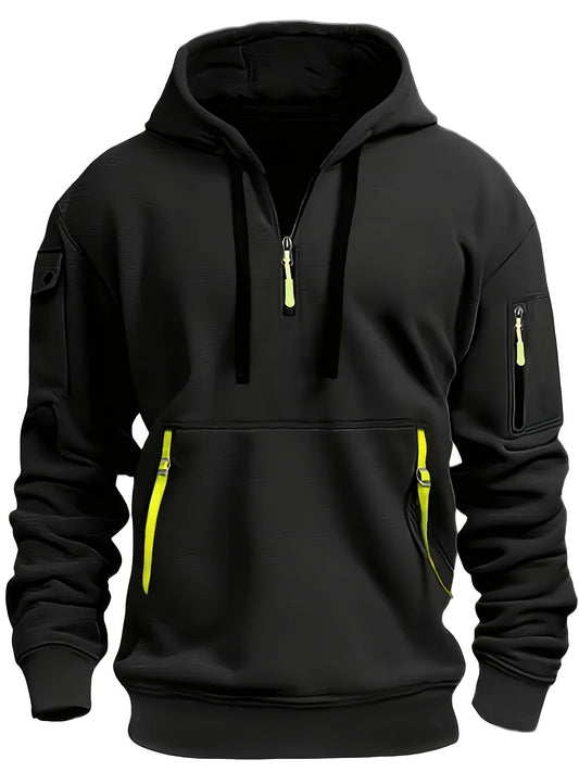 Mens Fashion-Forward Hooded Sweatshirt - Vibrant Solid Color with Zippered Henley Neck, Fluorescent Drawstrings & Roomy Kangaroo Pocket - Perfect for Spring & Autumn Sports and Outdoors - Stylish, Chic, and Versatile - Snug & Style