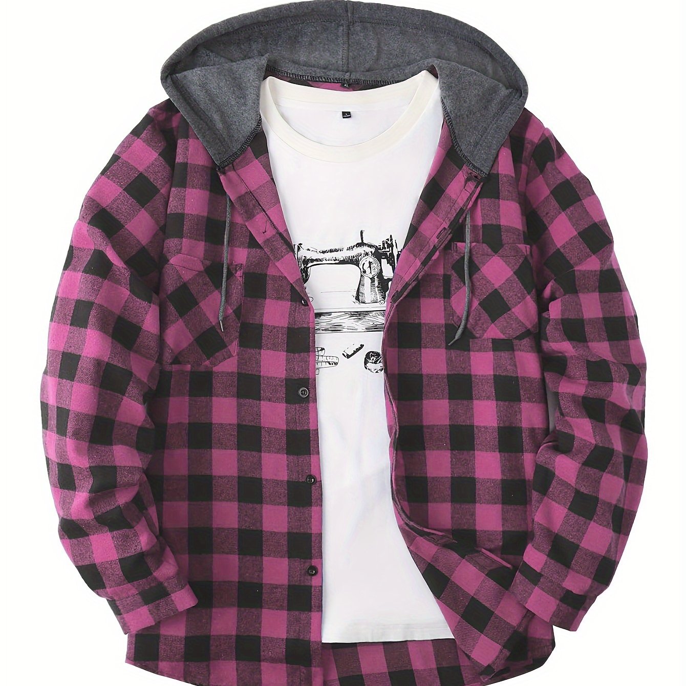 Long Sleeve Casual Regular Fit Button Up Hooded Shirts Jacket, Plaid Shirt Coat For Men - Snug & Style
