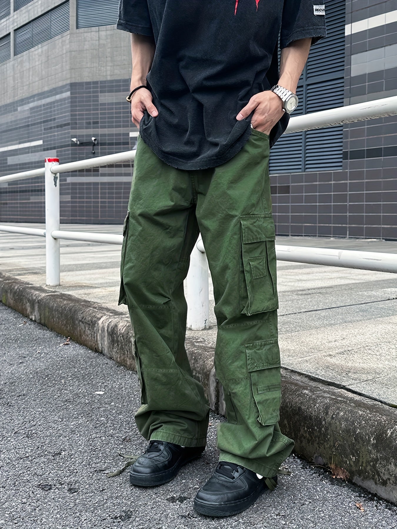 Cotton Solid Multi Flap Pockets Men's Straight Leg Cargo Baggy Pants, Loose Casual Outdoor Pants, Men's Work Pants For Hiking Fishing Angling - Snug & Style