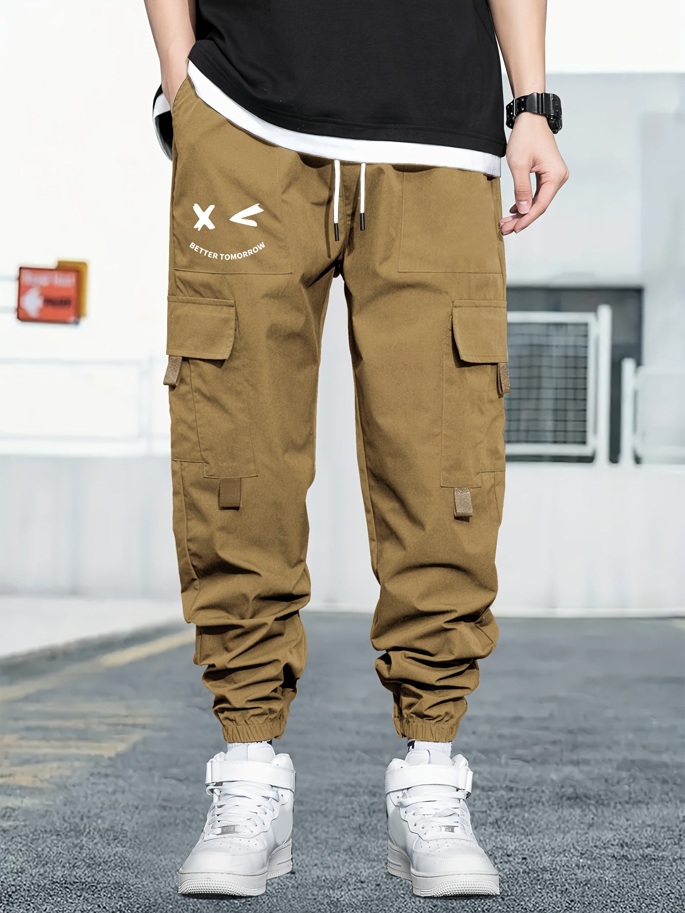 Mens Fashion-Forward Solid Cargo Pants - Abundant Flap Pockets, Loose Fit Drawstring Trousers - Durable Outdoor Work to Streetwear Hip Hop Style - Snug & Style