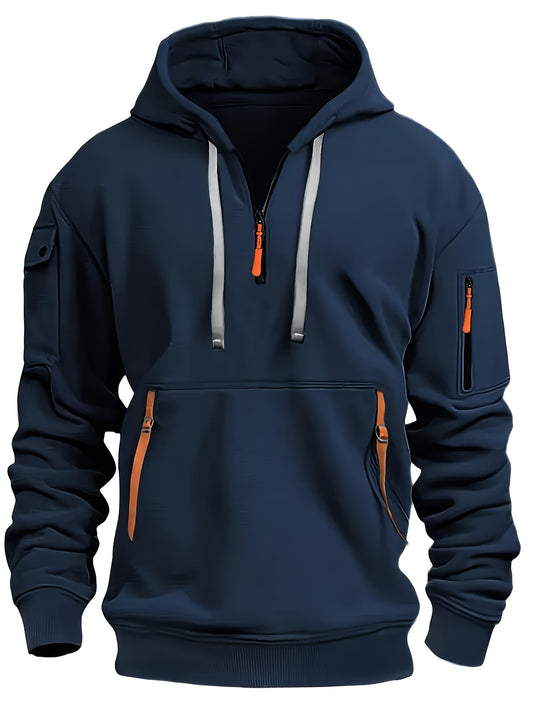 Mens Fashion-Forward Hooded Sweatshirt - Vibrant Solid Color with Zippered Henley Neck, Fluorescent Drawstrings & Roomy Kangaroo Pocket - Perfect for Spring & Autumn Sports and Outdoors - Stylish, Chic, and Versatile - Snug & Style