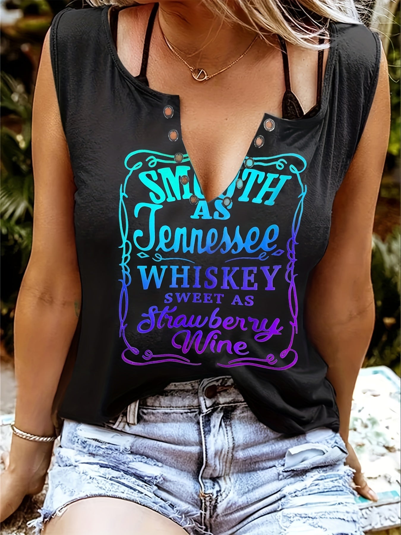 Smooth As Tennessee Whiskey, Sweet As Strawberry Wine" Women's Sleeveless V-Neck Tank Top - Casual, Machine Washable, Polyester Blend with Ring Detail - Perfect for Country Music Nights, Country Music T Shirts - Snug & Style