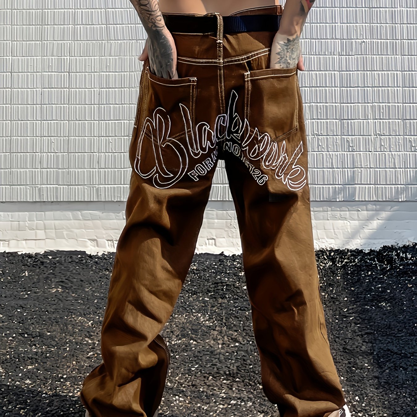 Y2k Letter Print Wide Leg Loose Fit Jeans, Men's Casual Slightly Stretch Street Style Multi Pocket Baggy Denim Pants For Spring Summer - Snug & Style