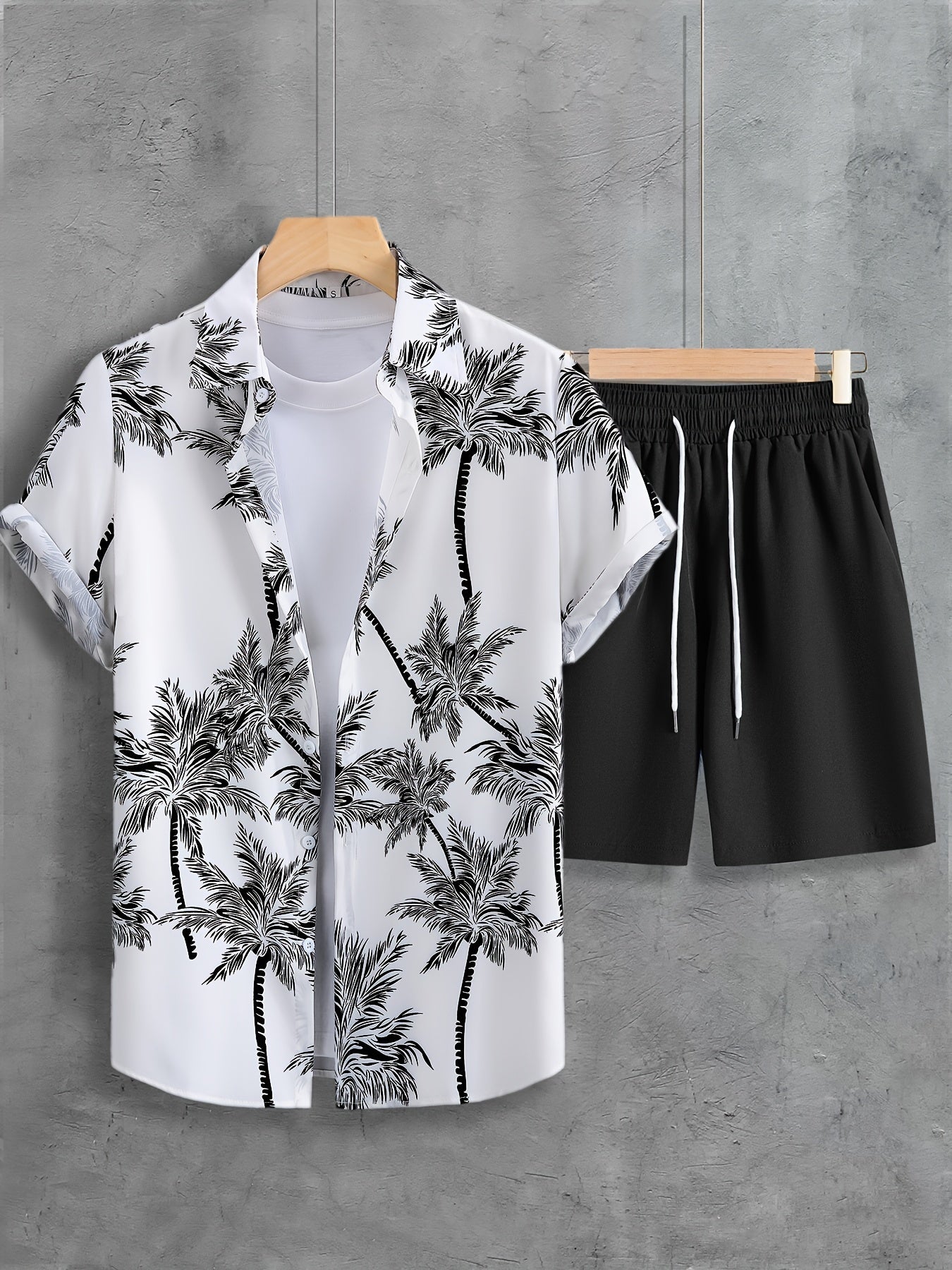 Coconut Tree Print, Men's 2Pcs Outfits, Casual Camp Collar Lapel Button Up Short Sleeve Shirts Hawaii Shirt And Drawstring Shorts Set For Summer, Men's Clothing - Snug & Style