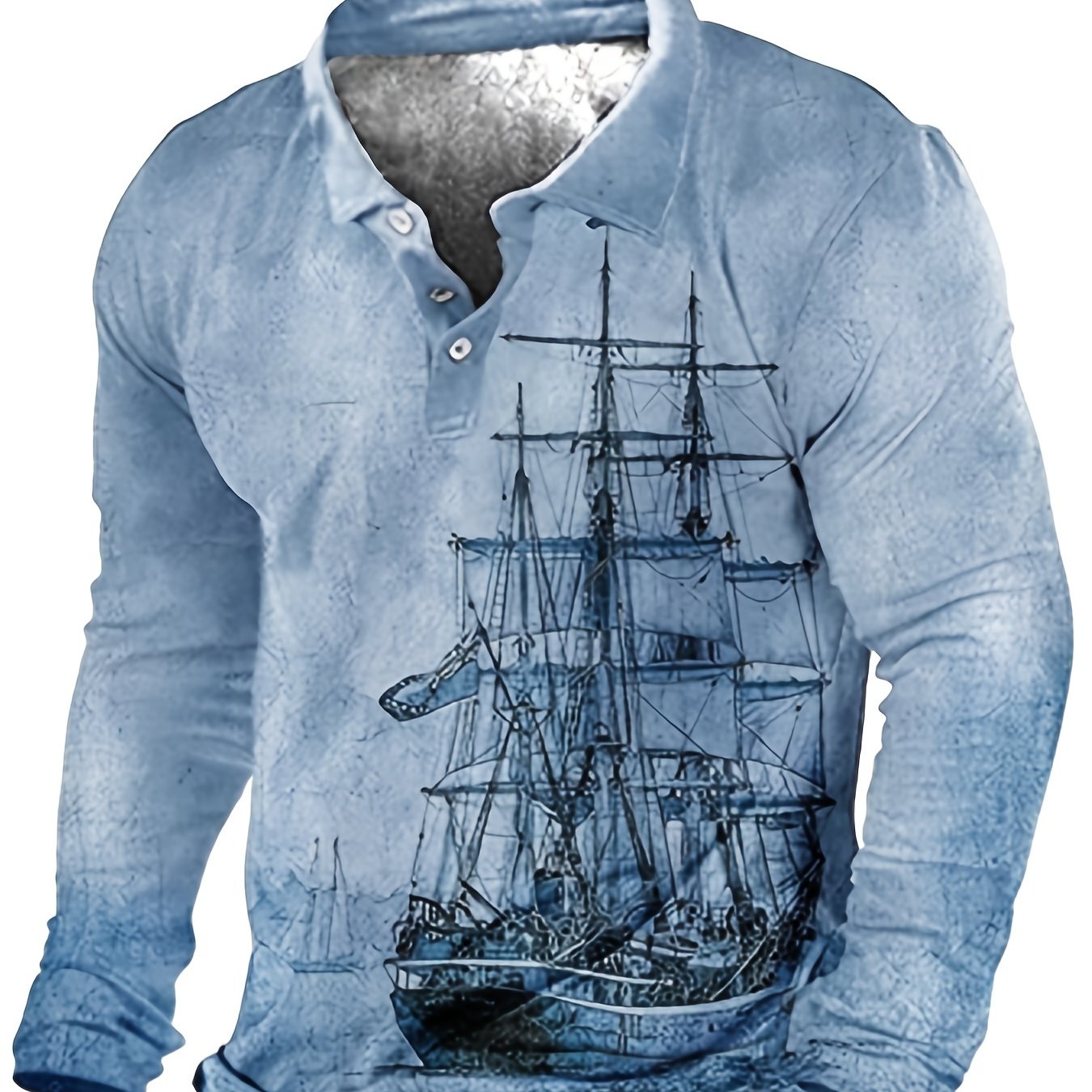 Plus Size Mens Fashion 3D Sailboat Print Lapel Shirt - Oversized Long Sleeve Golf Inspired - Premium Comfort for Spring/Autumn Wear - Trendy Casual Clothing for Males - Snug & Style