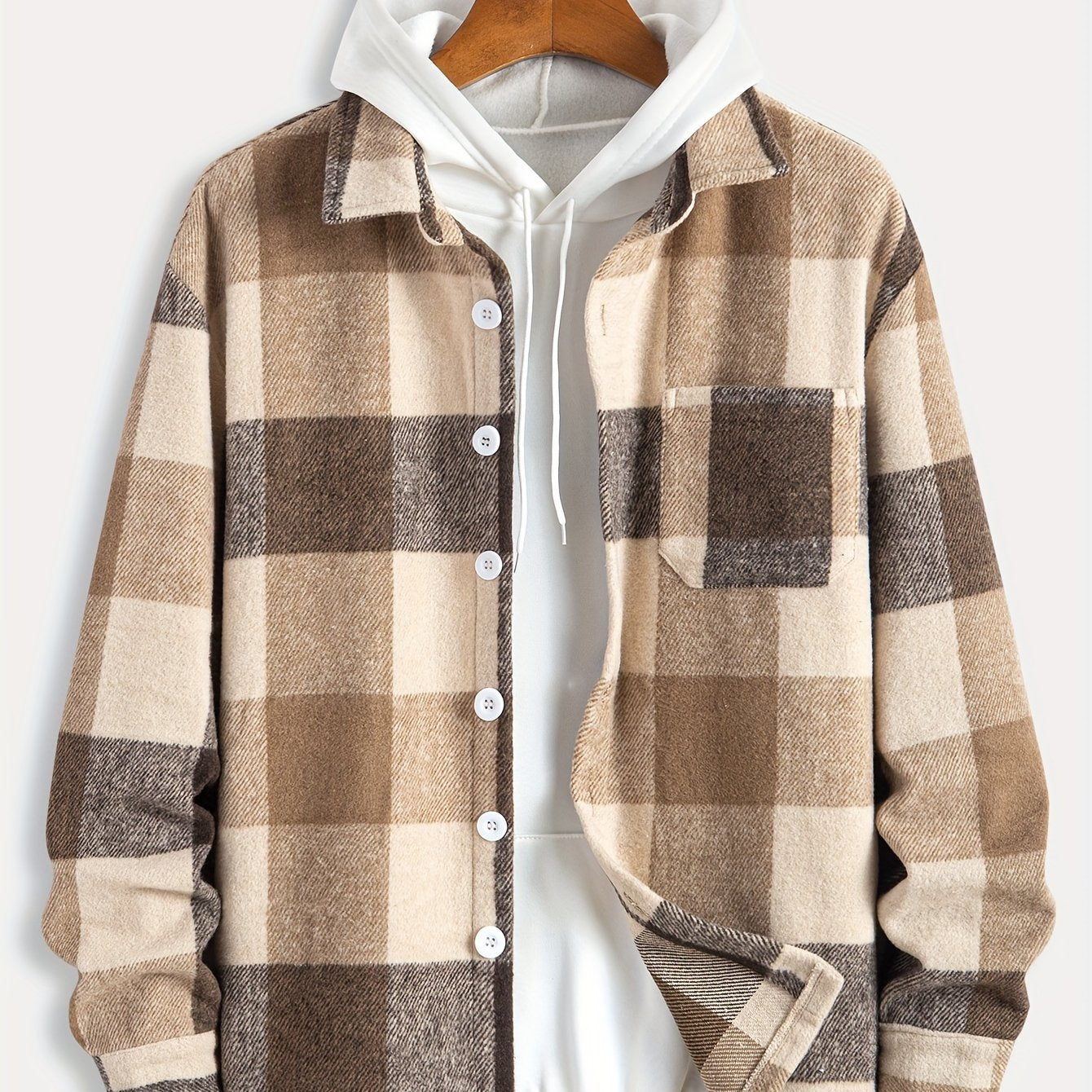 Mens Fashion-Forward Checkered Fleece Jacket - Cozy, Casual & Convenient with Pockets, Long Sleeve Button-Up Design for Outdoor Exploration - Snug & Style