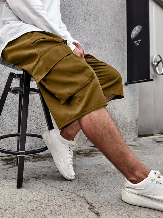 Plus Size Mens Fashion Cargo Shorts - Comfortable & Breathable Solid Colors, Oversized Casual Shorts with Multiple Pockets for Stylish Summer Wear - Snug & Style