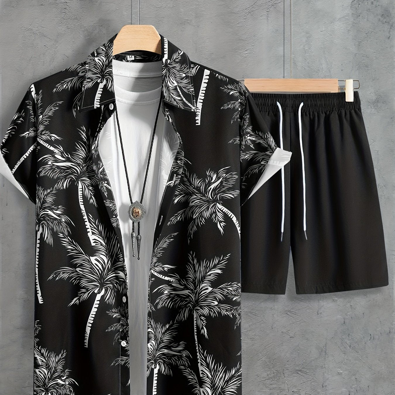 Coconut Tree Print, Men's 2Pcs Outfits, Casual Camp Collar Lapel Button Up Short Sleeve Shirts Hawaii Shirt And Drawstring Shorts Set For Summer, Men's Clothing - Snug & Style