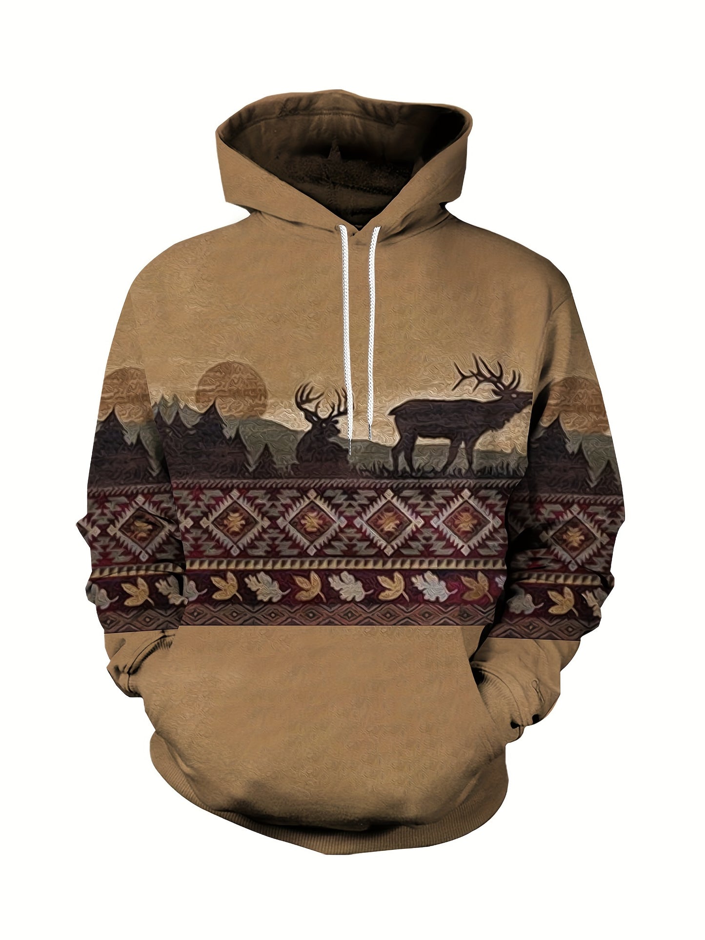 Plus Size Mens Fashion Hoodie with Bold Ethnic Prints & Intricate Bull Skull Design - Warm, Stylish Sweatshirt for Fall Winter - Comfortable Mens Apparel - Snug & Style