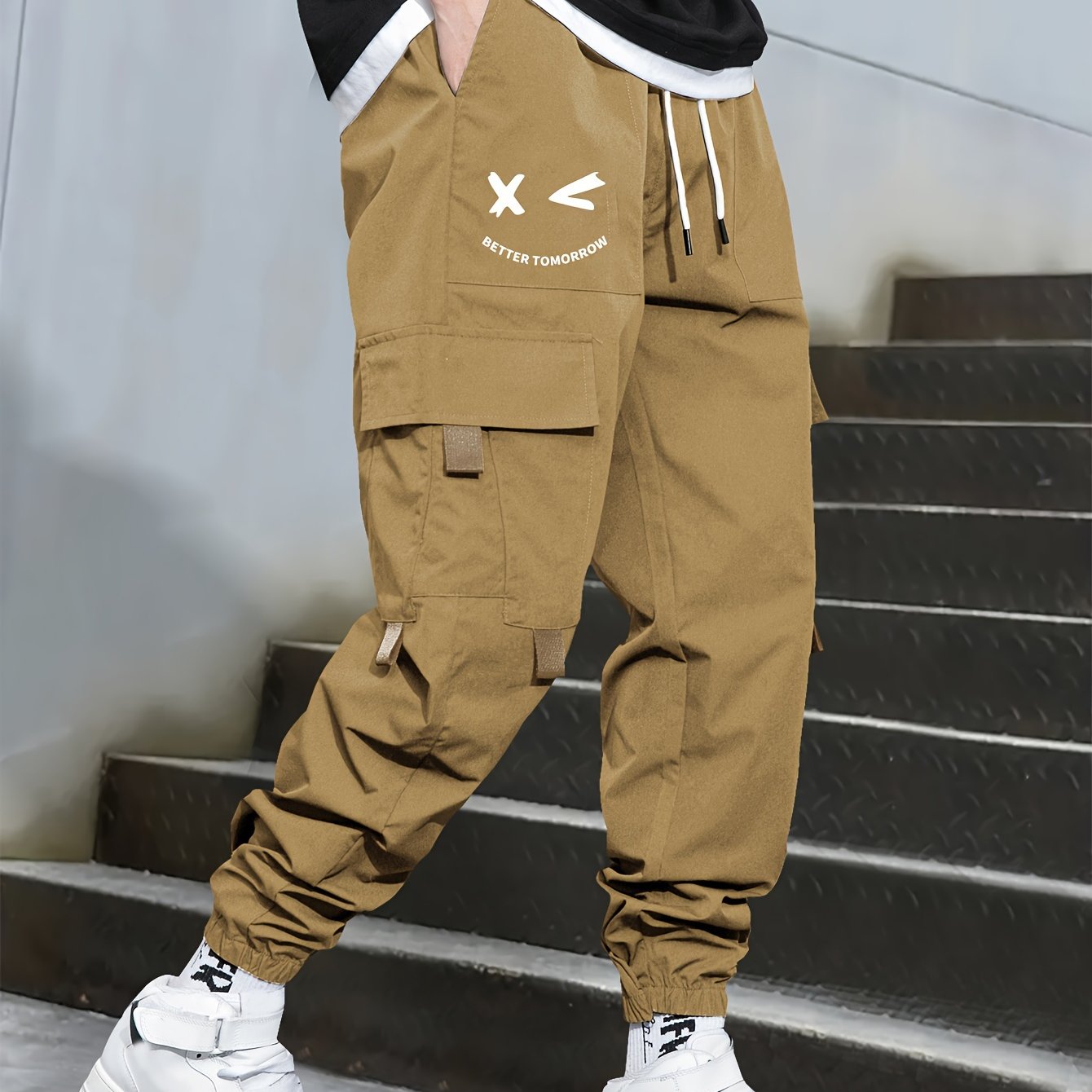 Mens Fashion-Forward Solid Cargo Pants - Abundant Flap Pockets, Loose Fit Drawstring Trousers - Durable Outdoor Work to Streetwear Hip Hop Style - Snug & Style