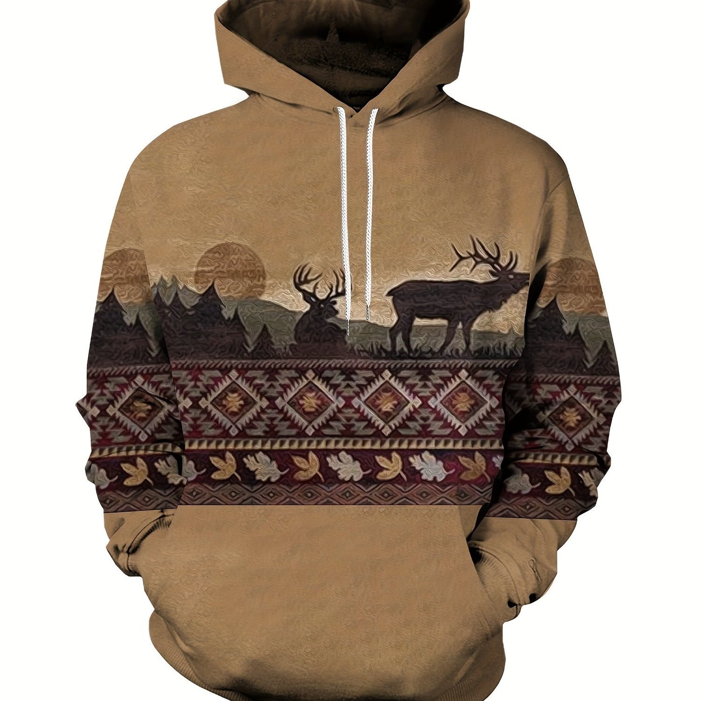 Plus Size Mens Fashion Hoodie with Bold Ethnic Prints & Intricate Bull Skull Design - Warm, Stylish Sweatshirt for Fall Winter - Comfortable Mens Apparel - Snug & Style