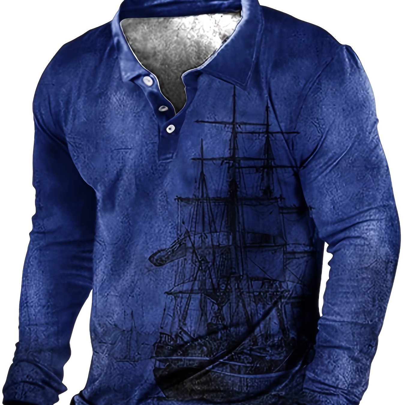 Plus Size Mens Fashion 3D Sailboat Print Lapel Shirt - Oversized Long Sleeve Golf Inspired - Premium Comfort for Spring/Autumn Wear - Trendy Casual Clothing for Males - Snug & Style