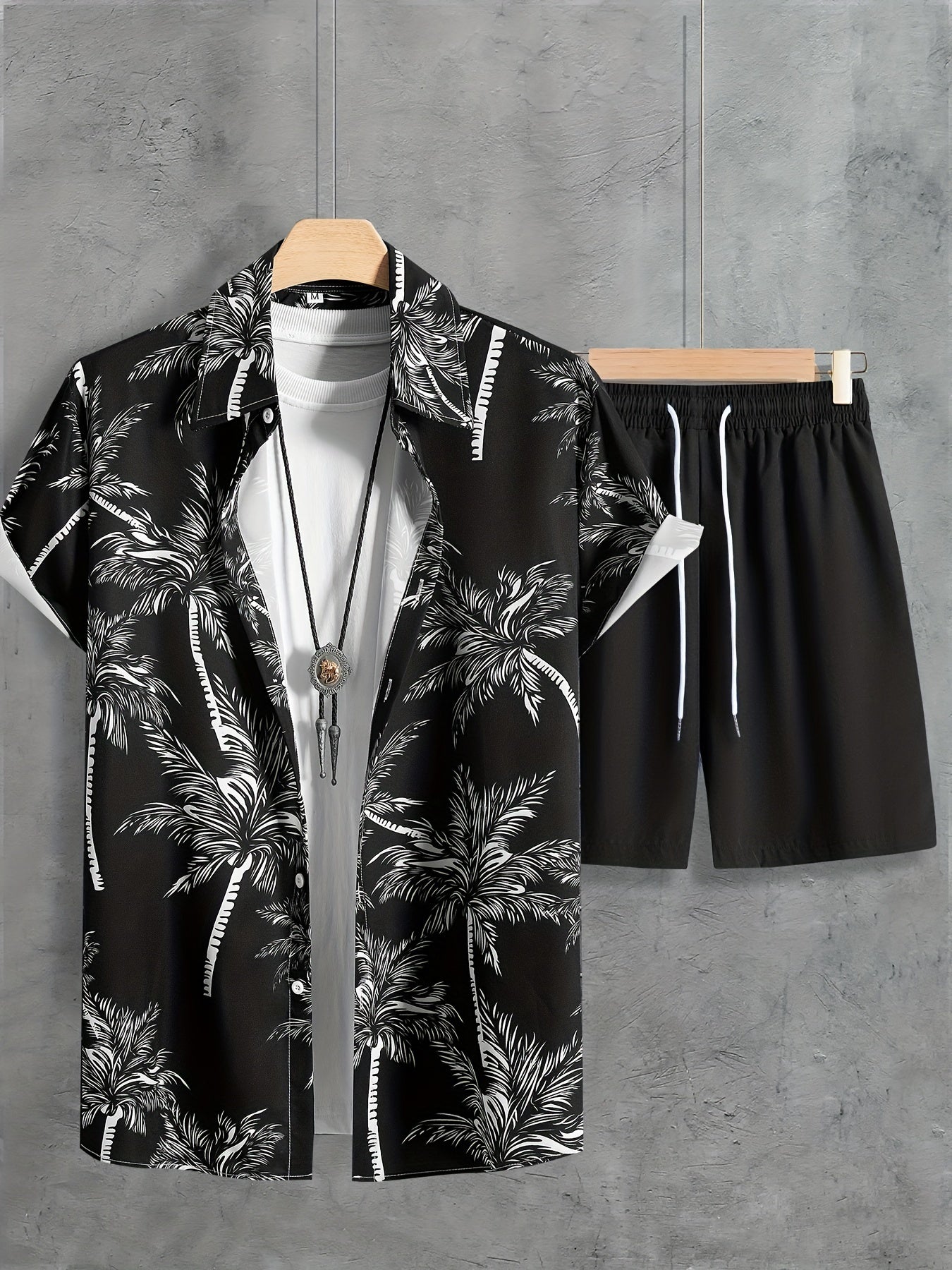 Coconut Tree Print, Men's 2Pcs Outfits, Casual Camp Collar Lapel Button Up Short Sleeve Shirts Hawaii Shirt And Drawstring Shorts Set For Summer, Men's Clothing - Snug & Style