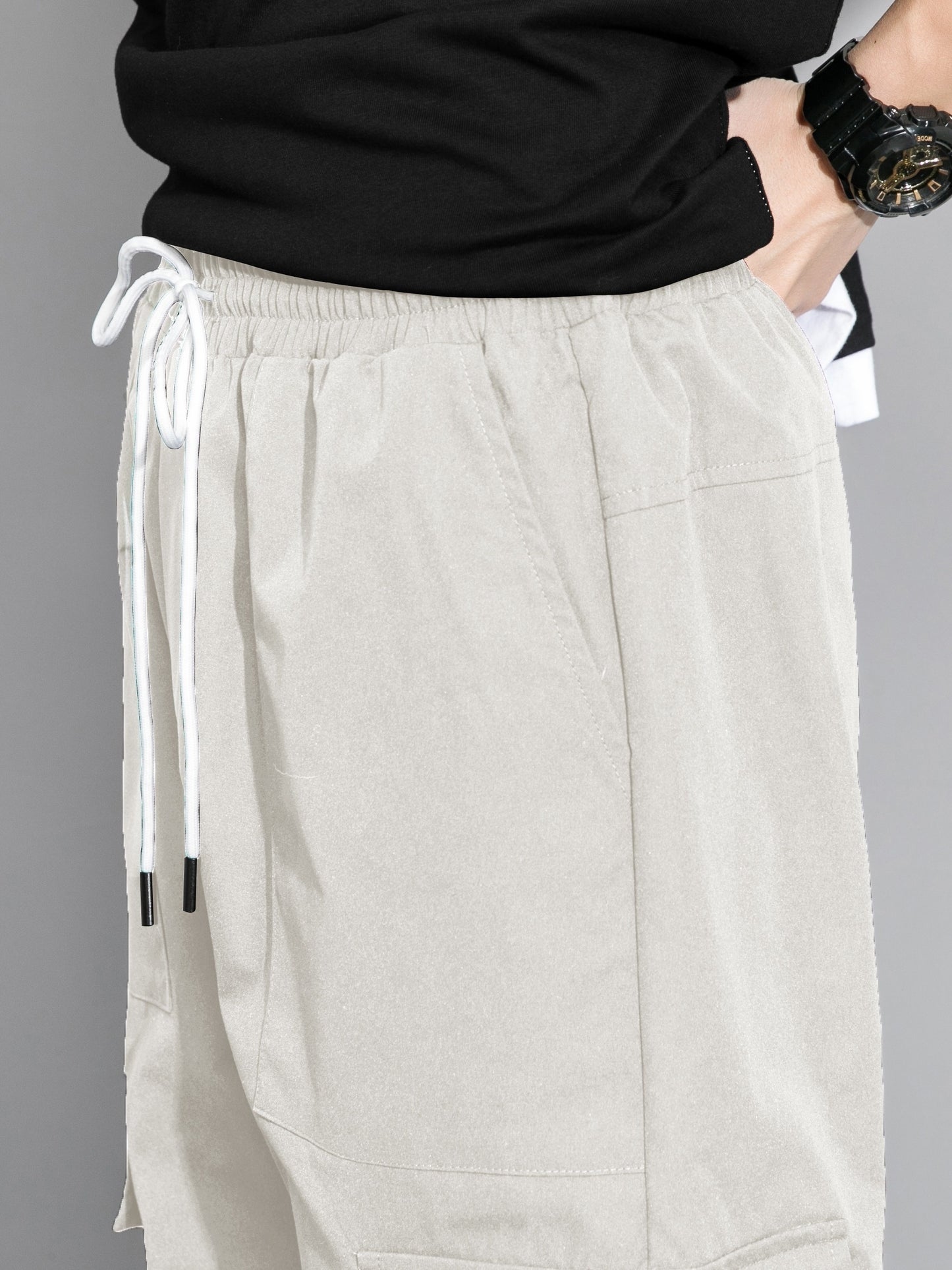 Mens Fashion-Forward Solid Cargo Pants - Abundant Flap Pockets, Loose Fit Drawstring Trousers - Durable Outdoor Work to Streetwear Hip Hop Style - Snug & Style