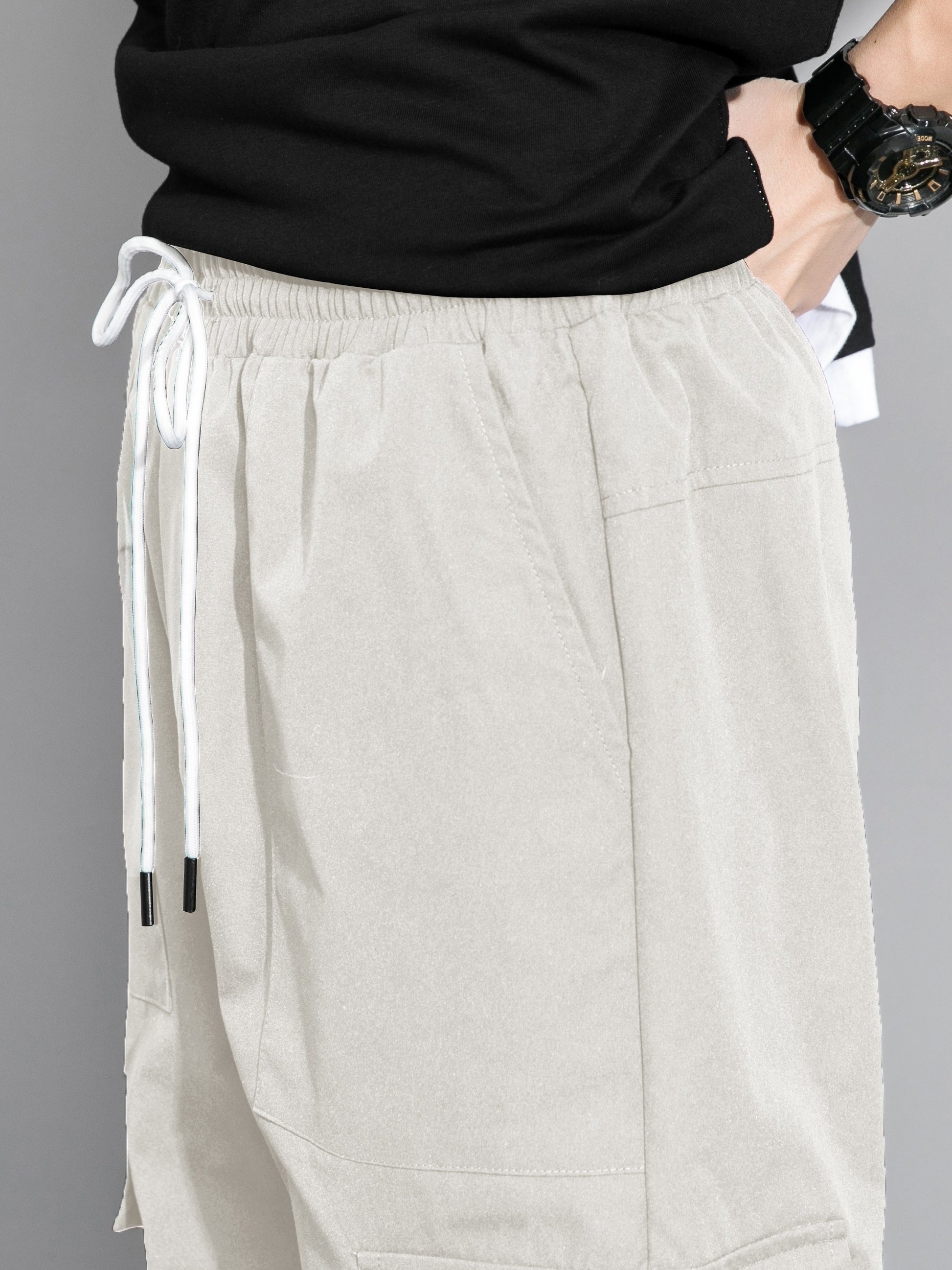 Mens Fashion-Forward Solid Cargo Pants - Abundant Flap Pockets, Loose Fit Drawstring Trousers - Durable Outdoor Work to Streetwear Hip Hop Style - Snug & Style