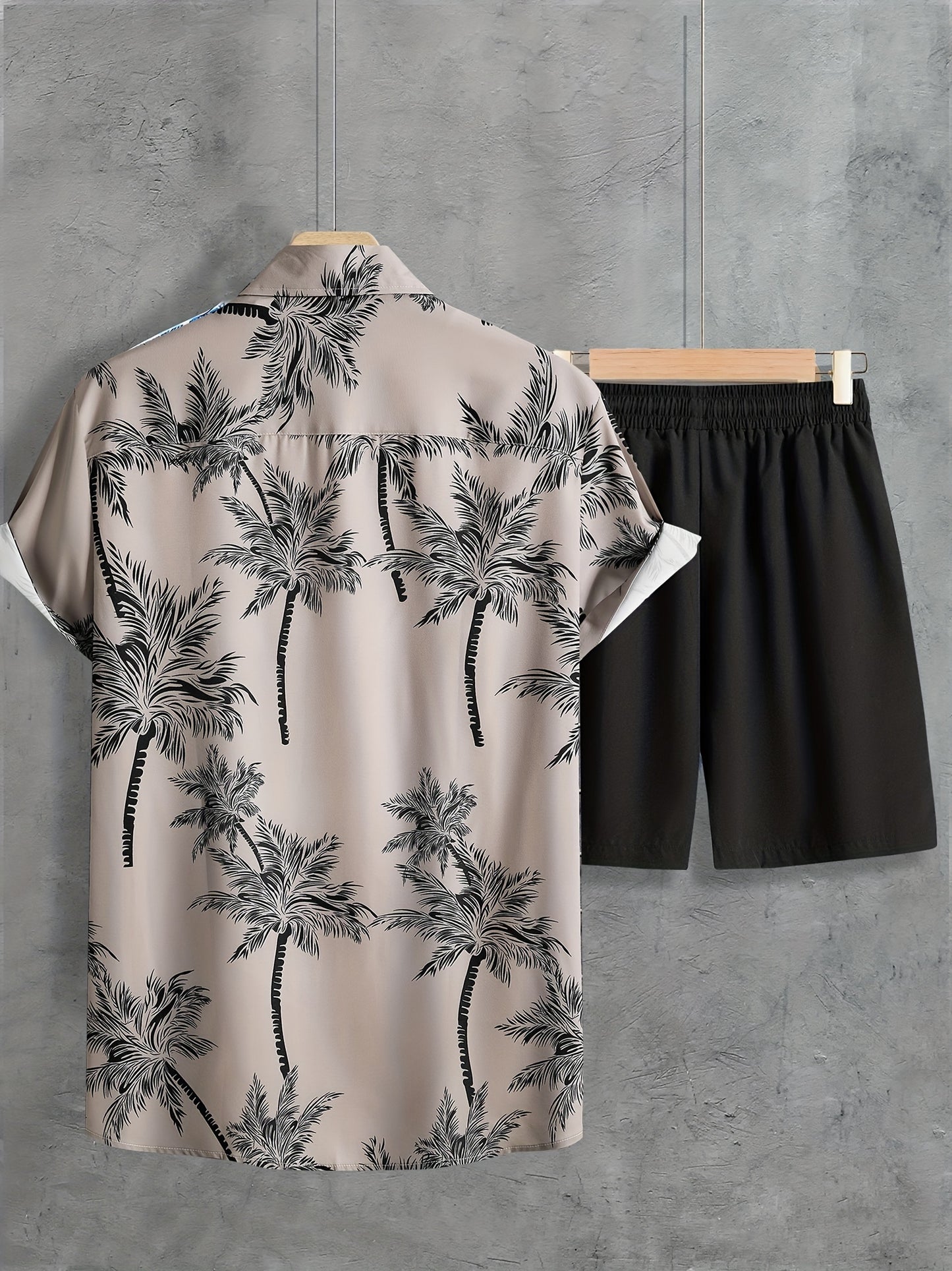 Coconut Tree Print, Men's 2Pcs Outfits, Casual Camp Collar Lapel Button Up Short Sleeve Shirts Hawaii Shirt And Drawstring Shorts Set For Summer, Men's Clothing - Snug & Style