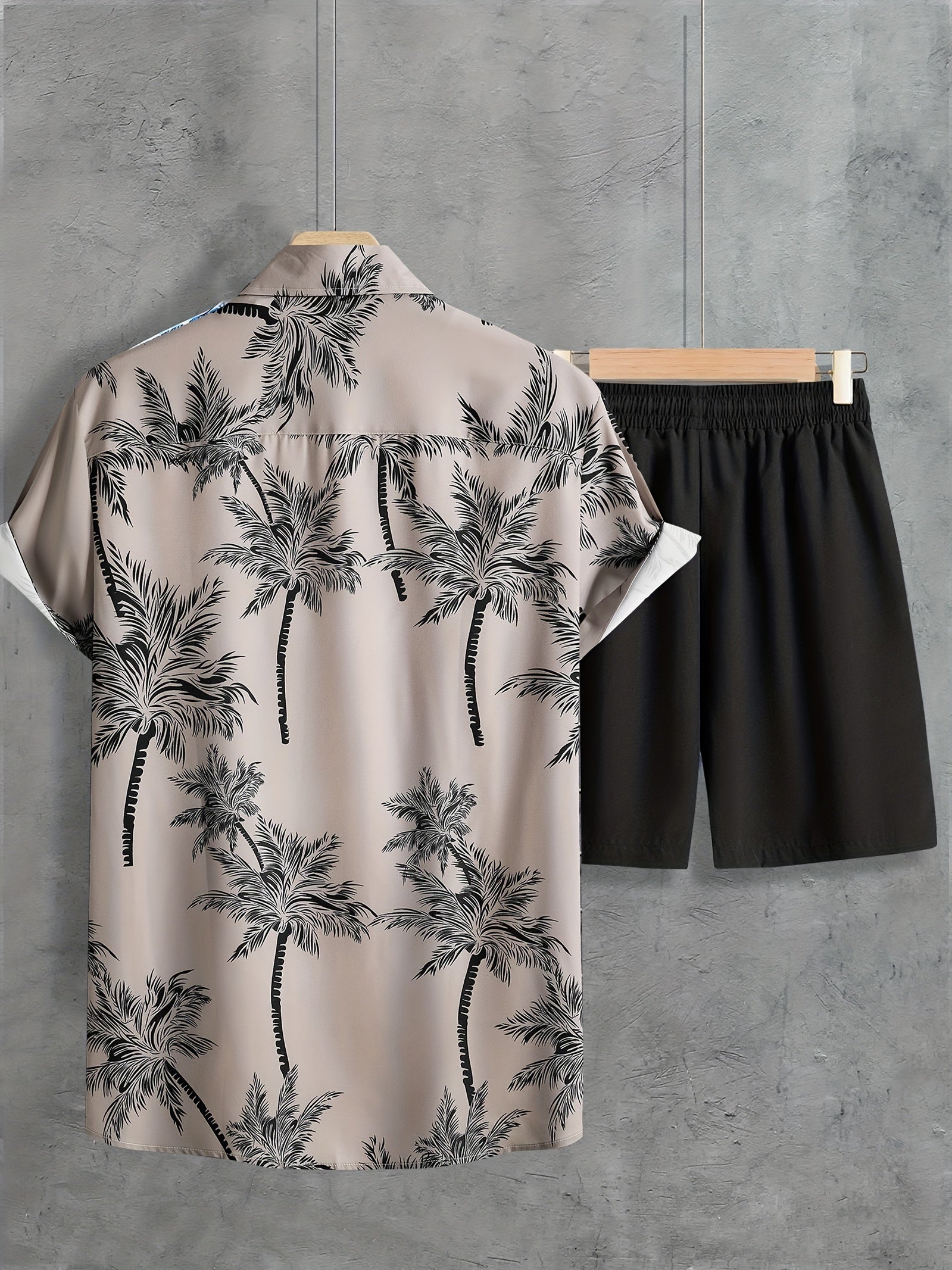 Coconut Tree Print, Men's 2Pcs Outfits, Casual Camp Collar Lapel Button Up Short Sleeve Shirts Hawaii Shirt And Drawstring Shorts Set For Summer, Men's Clothing - Snug & Style