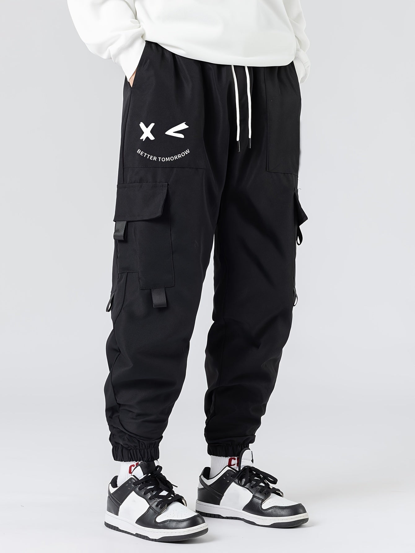 Mens Fashion-Forward Solid Cargo Pants - Abundant Flap Pockets, Loose Fit Drawstring Trousers - Durable Outdoor Work to Streetwear Hip Hop Style - Snug & Style