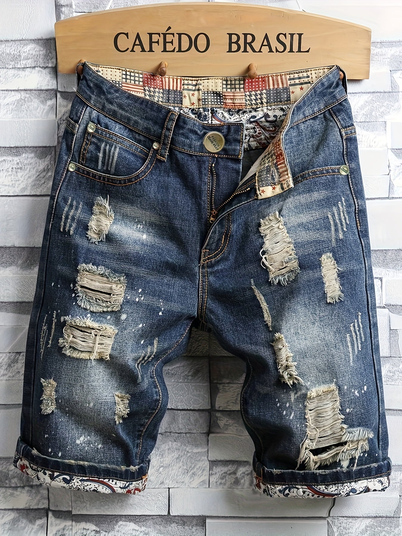 Mens Fashion-Forward Ripped Denim Shorts - Comfortably Loose Fit, Timeless Solid Hue with Trendy Distressed Details, Packed with Practical Pockets, Super Breathable for Summer Outdoor Adventures - Snug & Style