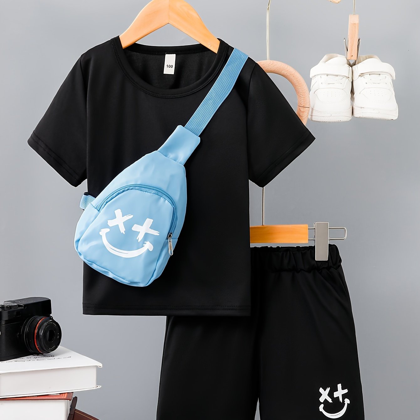3-Pack Boys Trendy Summer Outfit - Soft Cotton Blend Solid T-shirts with Fun Smile Face Shorts & Handy Crossbody Bag - Comfortable, Lightweight, Perfect for Playtime - Snug & Style