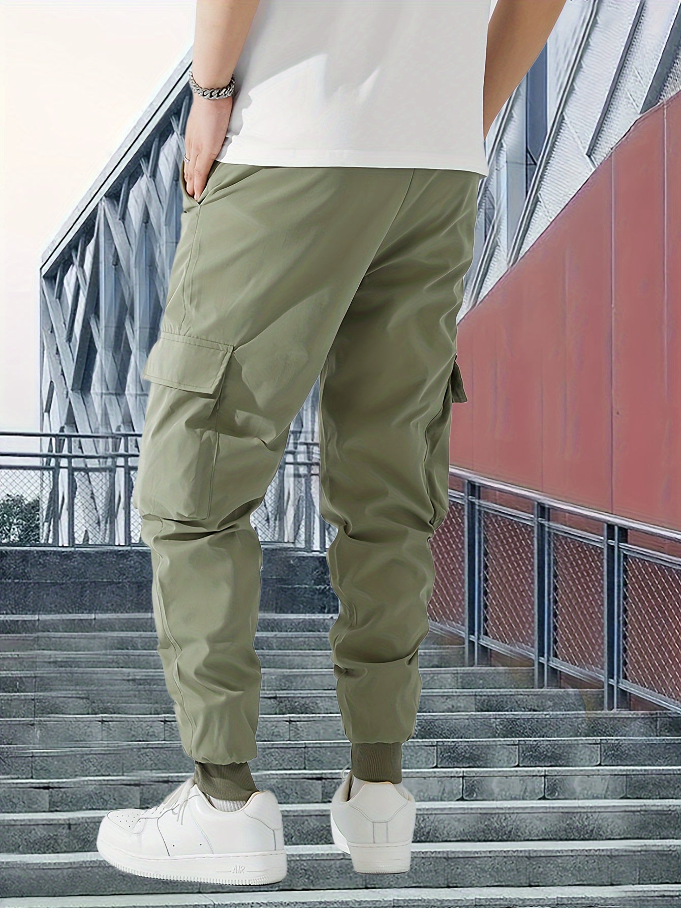 Lightweight Design| Men's Olive Green Cargo Pants - Lightweight Polyester, Casual Style with Multiple Pockets and Drawstring Waist, Perfect for Spring/Fall, Spring Fall Attire|Drawstring Waistband|Smooth Texture Fabric - Snug & Style