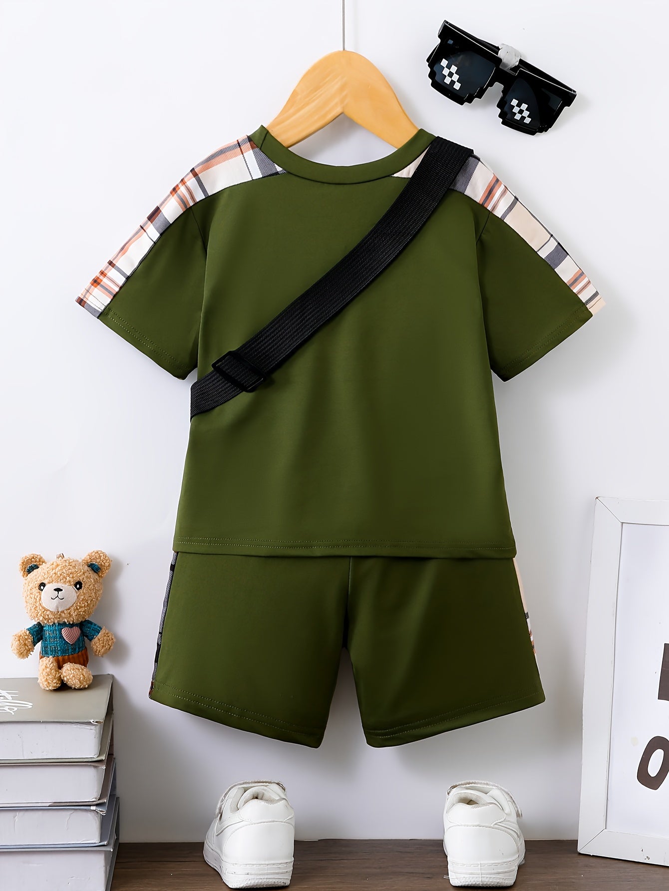 3-Pack Boys Trendy Summer Outfit - Soft Cotton Blend Solid T-shirts with Fun Smile Face Shorts & Handy Crossbody Bag - Comfortable, Lightweight, Perfect for Playtime - Snug & Style