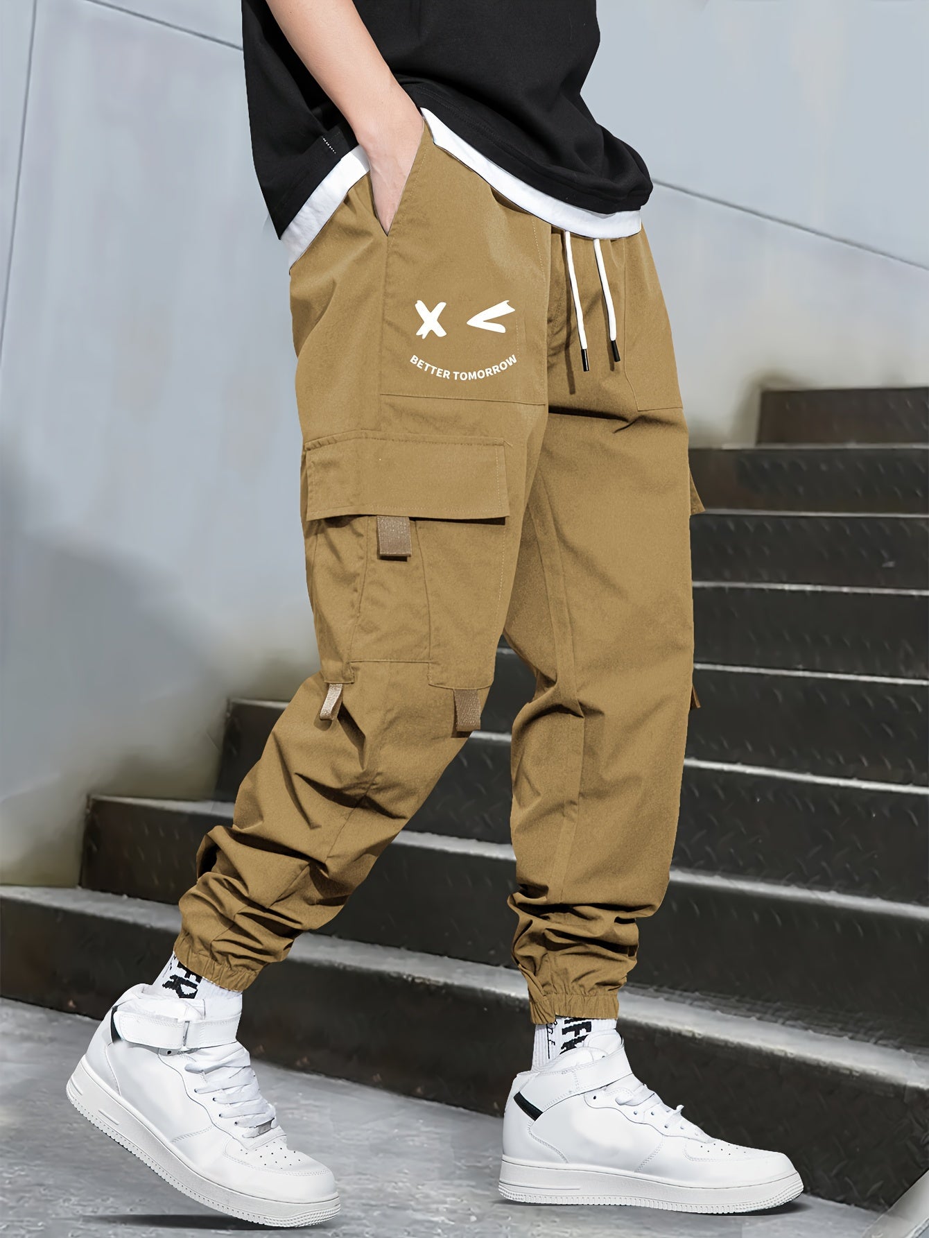 Mens Fashion-Forward Solid Cargo Pants - Abundant Flap Pockets, Loose Fit Drawstring Trousers - Durable Outdoor Work to Streetwear Hip Hop Style - Snug & Style