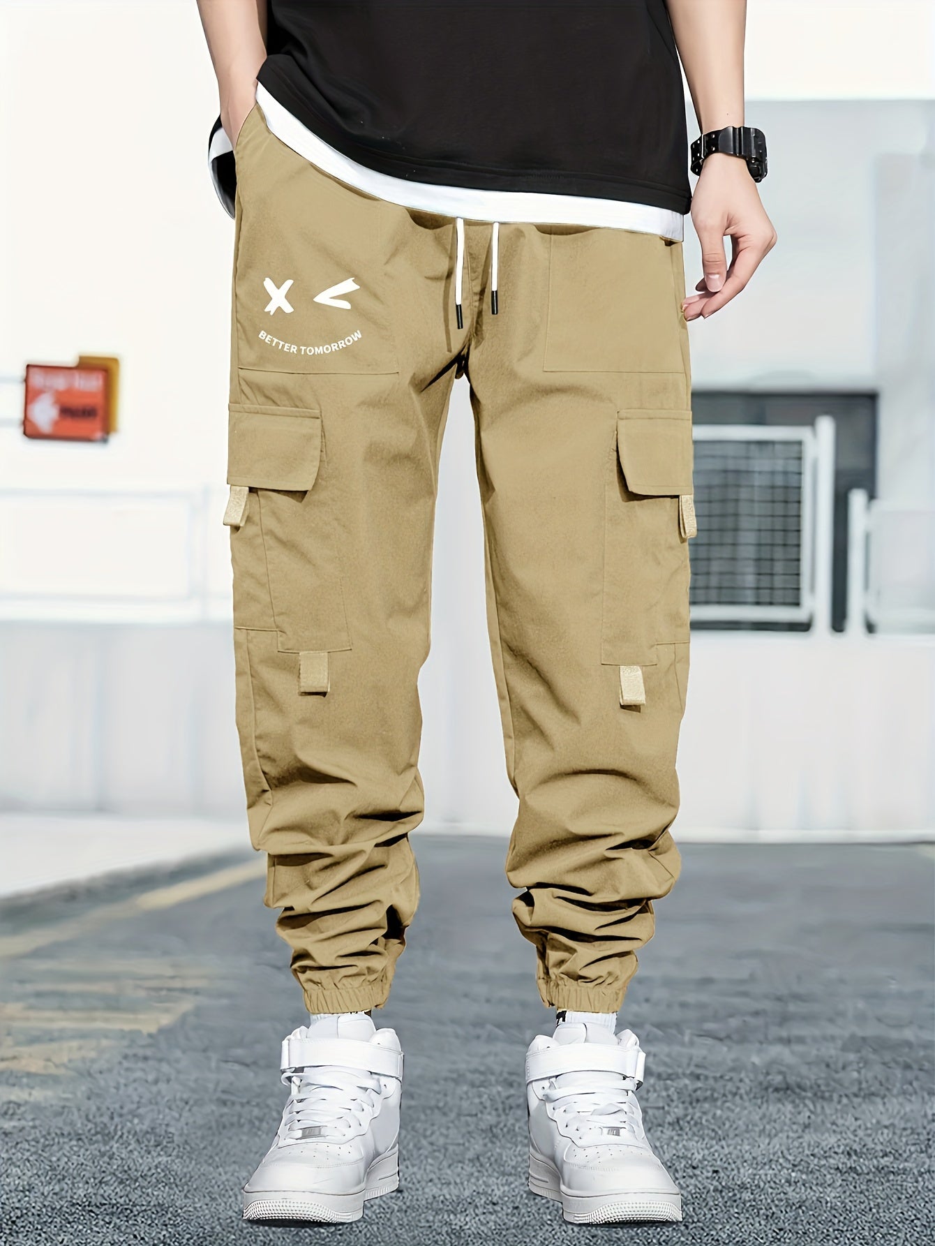 Mens Fashion-Forward Solid Cargo Pants - Abundant Flap Pockets, Loose Fit Drawstring Trousers - Durable Outdoor Work to Streetwear Hip Hop Style - Snug & Style