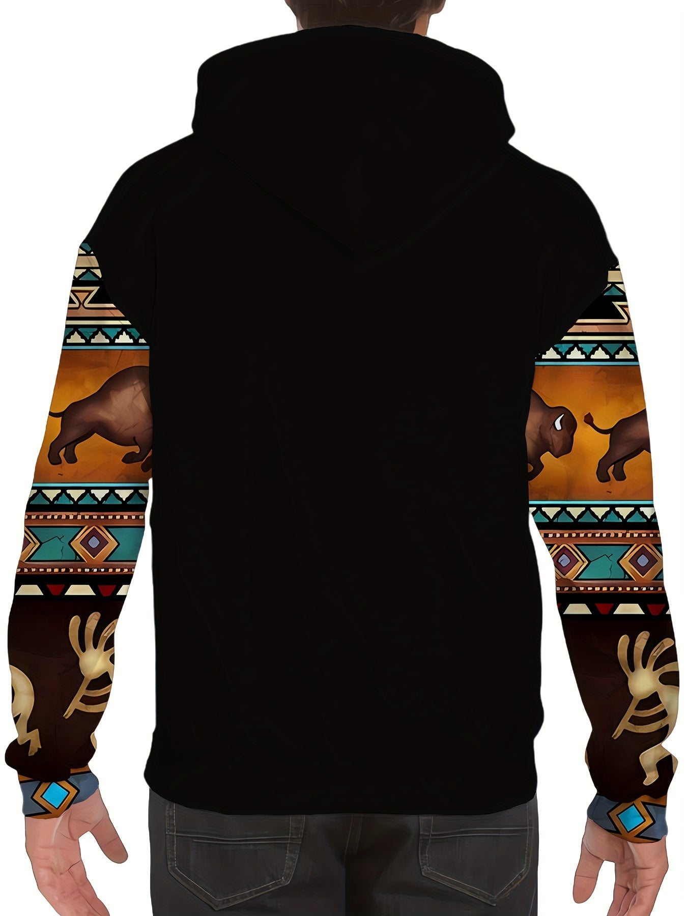 Plus Size Mens Fashion Hoodie with Bold Ethnic Prints & Intricate Bull Skull Design - Warm, Stylish Sweatshirt for Fall Winter - Comfortable Mens Apparel - Snug & Style