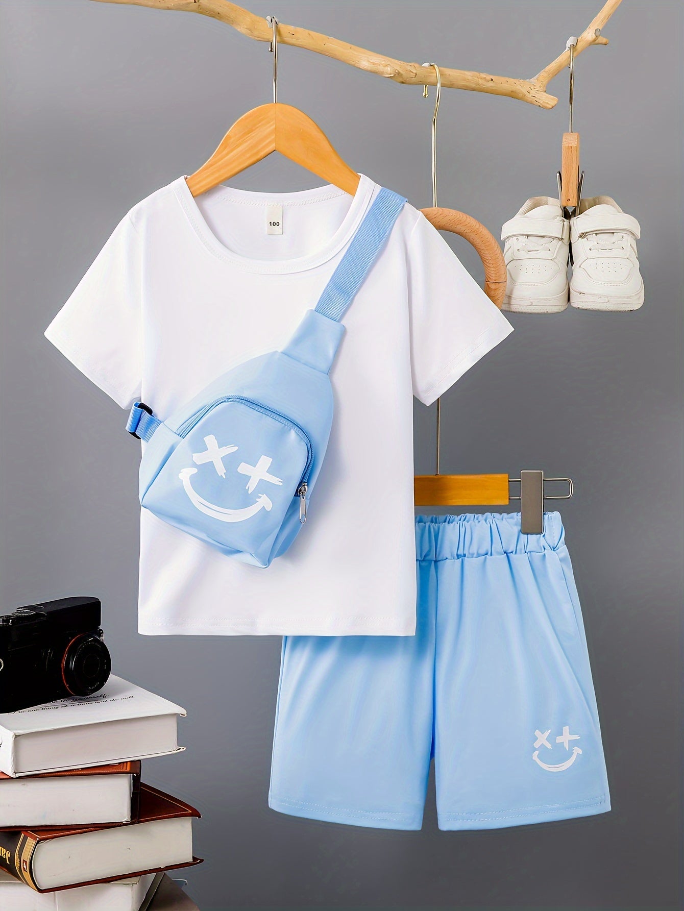 3-Pack Boys Trendy Summer Outfit - Soft Cotton Blend Solid T-shirts with Fun Smile Face Shorts & Handy Crossbody Bag - Comfortable, Lightweight, Perfect for Playtime - Snug & Style