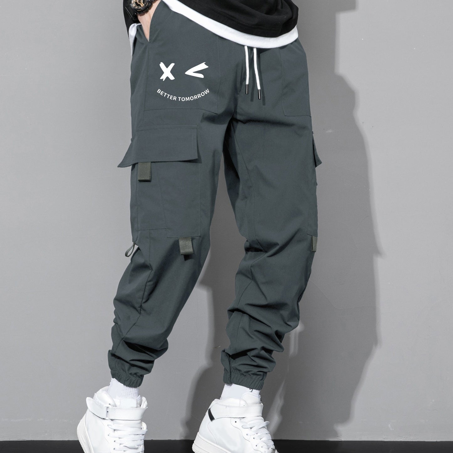 Mens Fashion-Forward Solid Cargo Pants - Abundant Flap Pockets, Loose Fit Drawstring Trousers - Durable Outdoor Work to Streetwear Hip Hop Style - Snug & Style