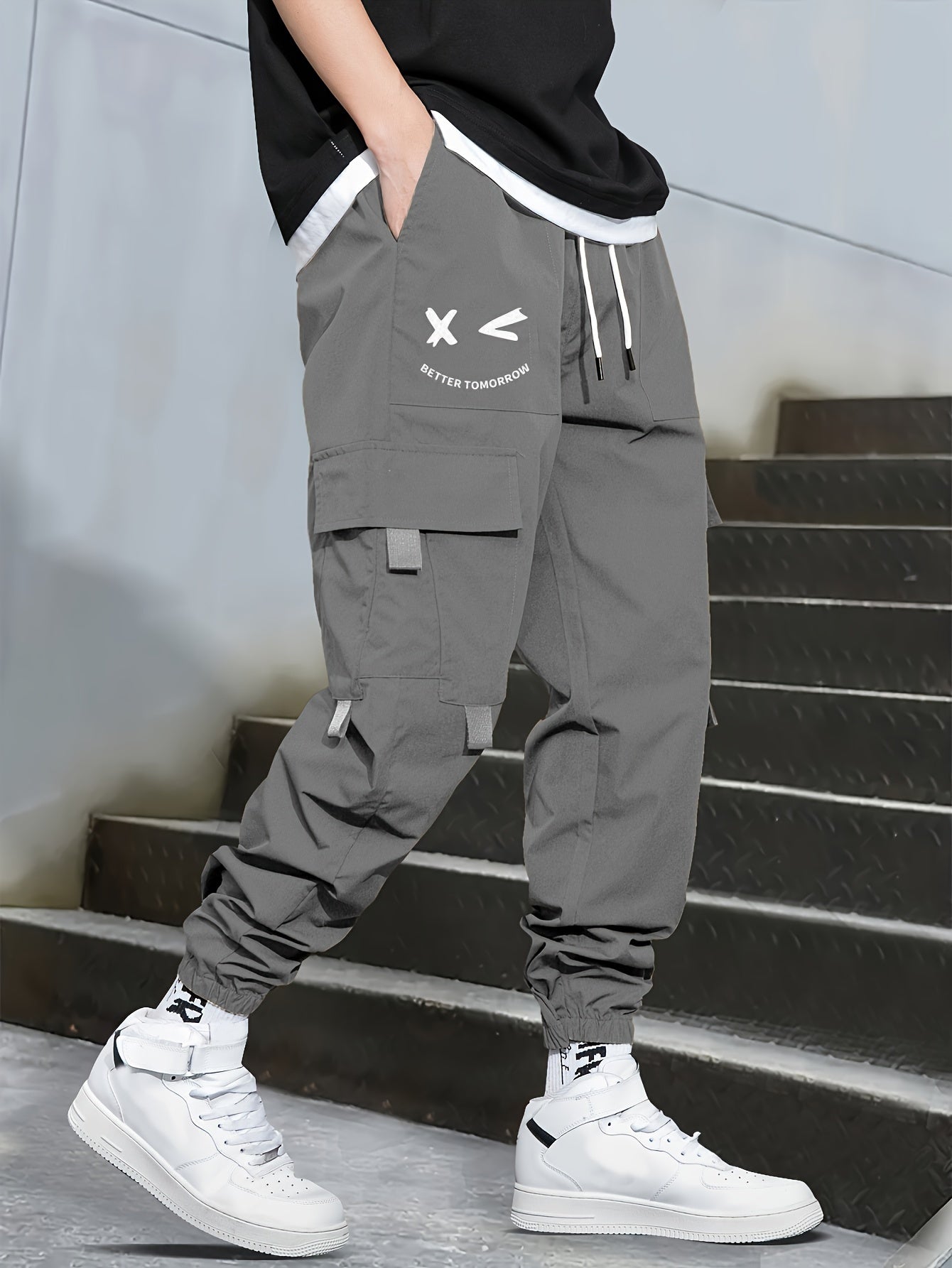 Mens Fashion-Forward Solid Cargo Pants - Abundant Flap Pockets, Loose Fit Drawstring Trousers - Durable Outdoor Work to Streetwear Hip Hop Style - Snug & Style