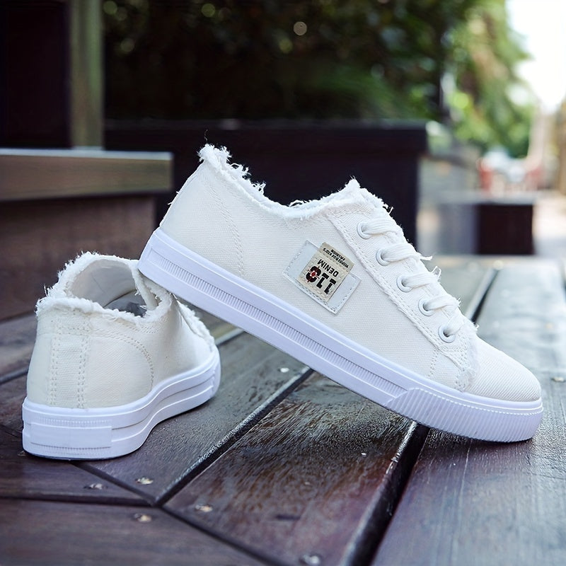 Women's Classic Canvas Flat Shoes, Solid Color Lace Up Low-top Casual Shoes, Women's Comfy Footwear - Snug & Style