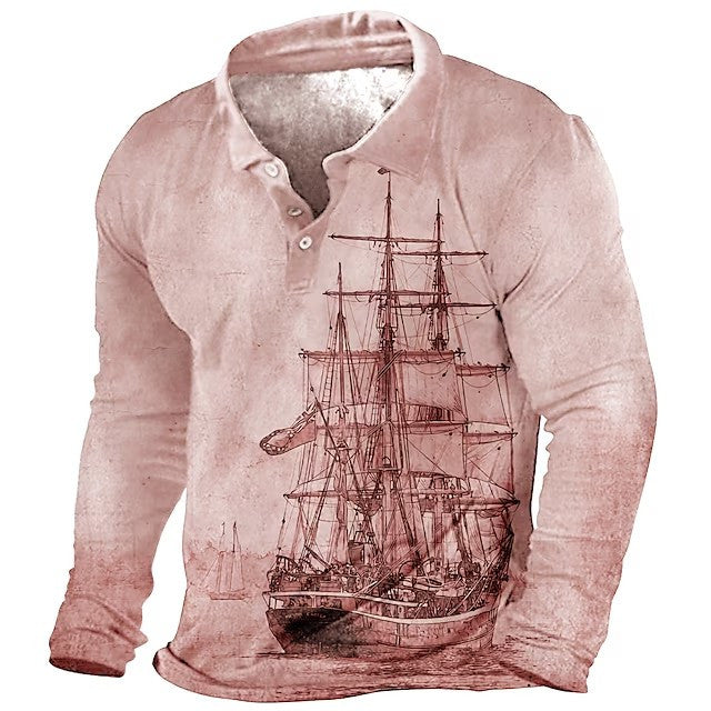 Plus Size Mens Fashion 3D Sailboat Print Lapel Shirt - Oversized Long Sleeve Golf Inspired - Premium Comfort for Spring/Autumn Wear - Trendy Casual Clothing for Males - Snug & Style