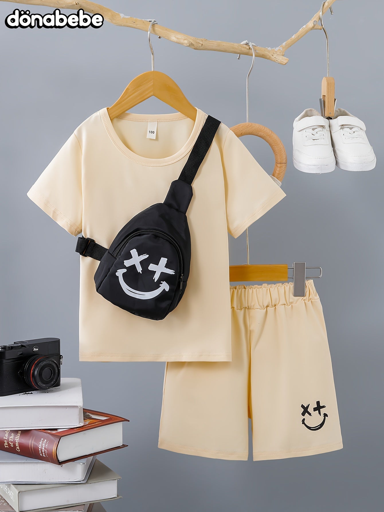 3-Pack Boys Trendy Summer Outfit - Soft Cotton Blend Solid T-shirts with Fun Smile Face Shorts & Handy Crossbody Bag - Comfortable, Lightweight, Perfect for Playtime - Snug & Style