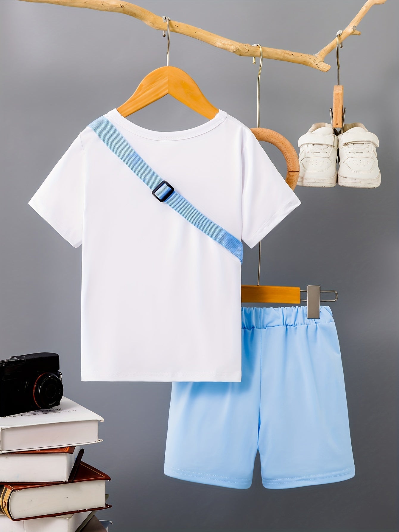 3-Pack Boys Trendy Summer Outfit - Soft Cotton Blend Solid T-shirts with Fun Smile Face Shorts & Handy Crossbody Bag - Comfortable, Lightweight, Perfect for Playtime - Snug & Style