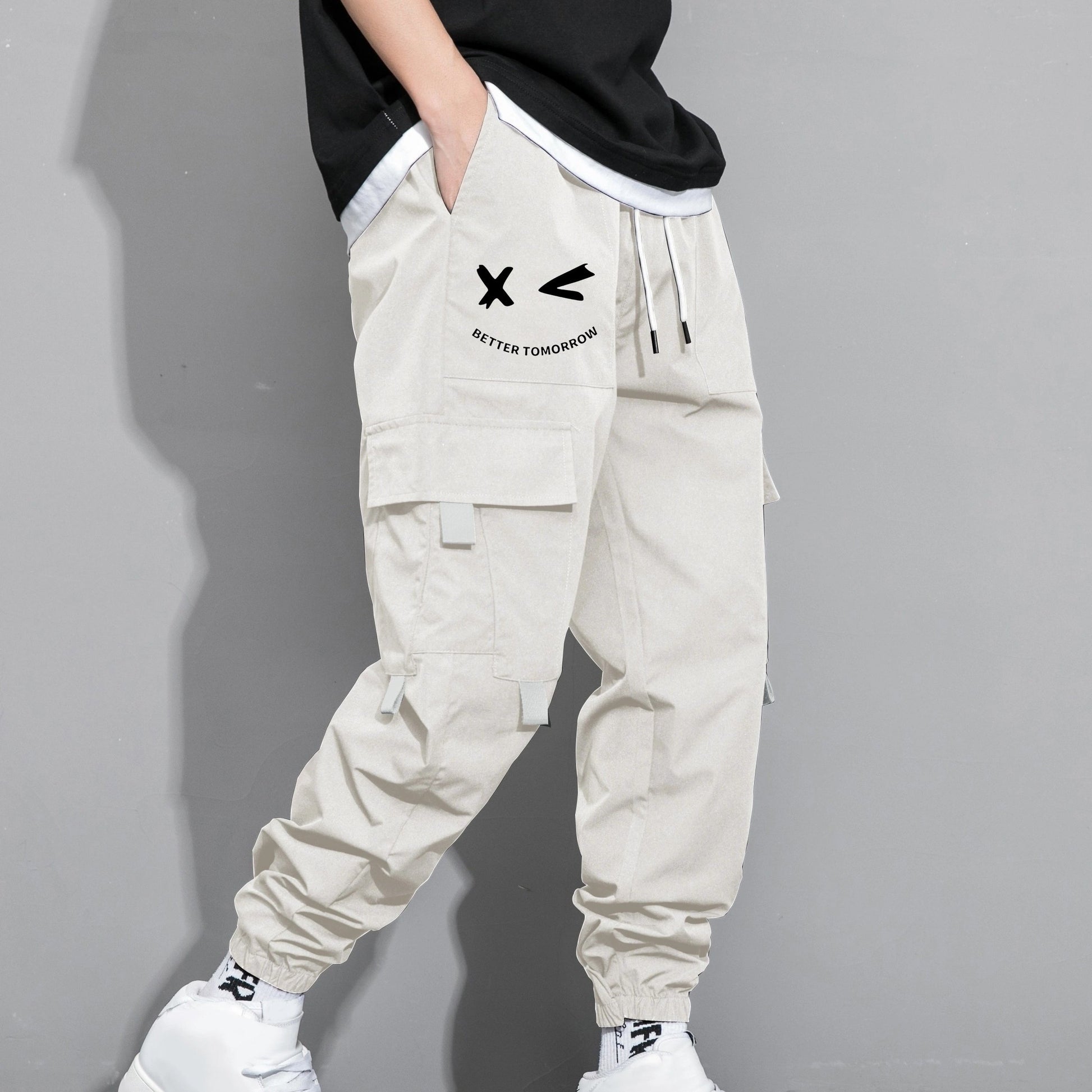 Mens Fashion-Forward Solid Cargo Pants - Abundant Flap Pockets, Loose Fit Drawstring Trousers - Durable Outdoor Work to Streetwear Hip Hop Style - Snug & Style