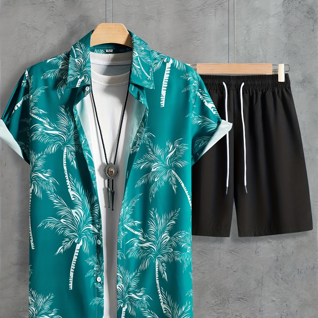 Coconut Tree Print, Men's 2Pcs Outfits, Casual Camp Collar Lapel Button Up Short Sleeve Shirts Hawaii Shirt And Drawstring Shorts Set For Summer, Men's Clothing - Snug & Style