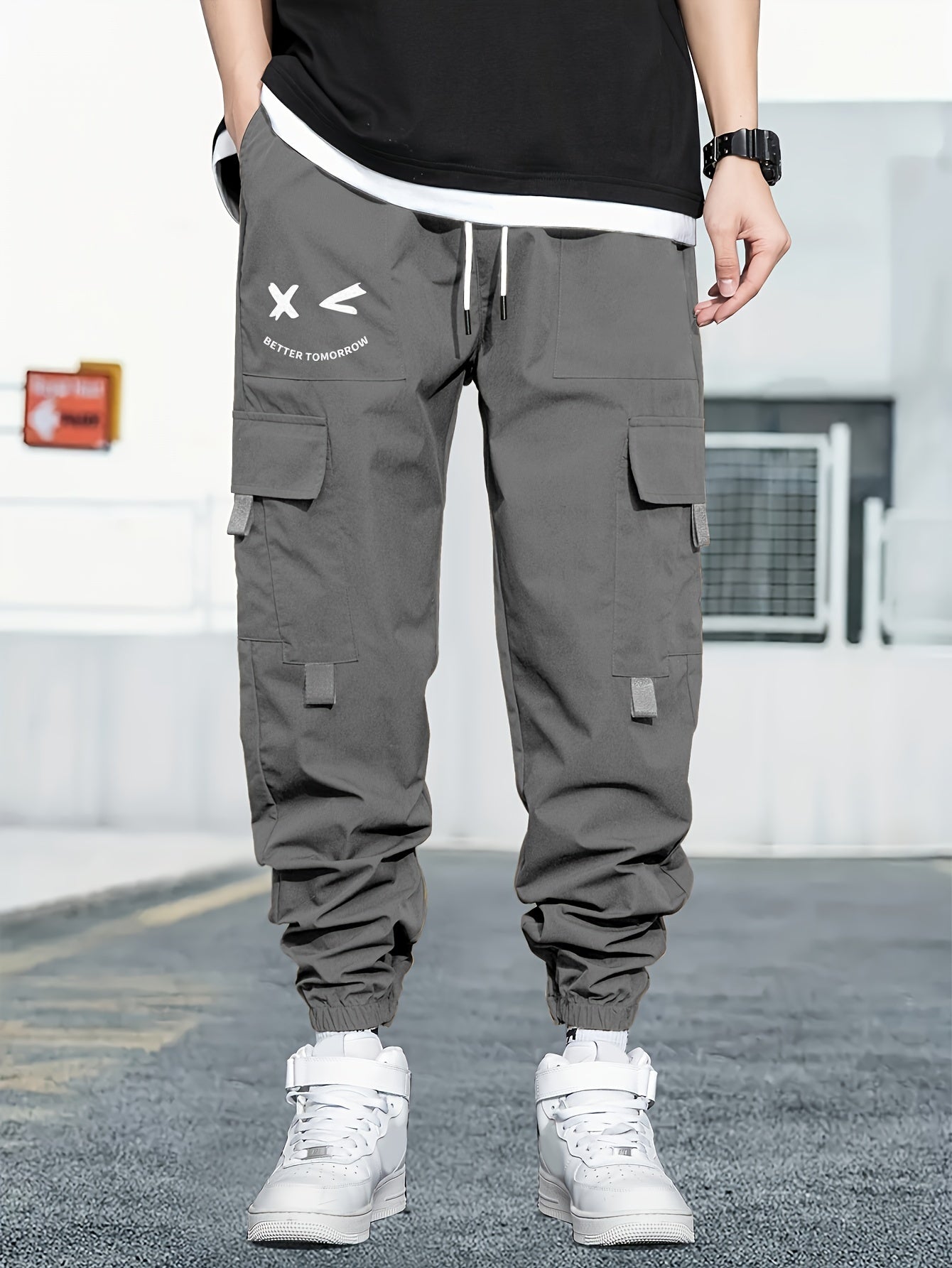 Mens Fashion-Forward Solid Cargo Pants - Abundant Flap Pockets, Loose Fit Drawstring Trousers - Durable Outdoor Work to Streetwear Hip Hop Style - Snug & Style