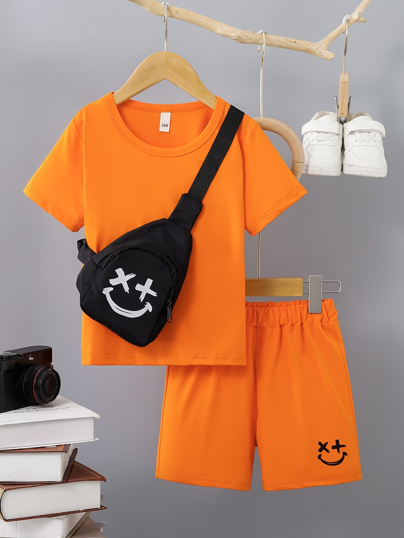 3-Pack Boys Trendy Summer Outfit - Soft Cotton Blend Solid T-shirts with Fun Smile Face Shorts & Handy Crossbody Bag - Comfortable, Lightweight, Perfect for Playtime - Snug & Style