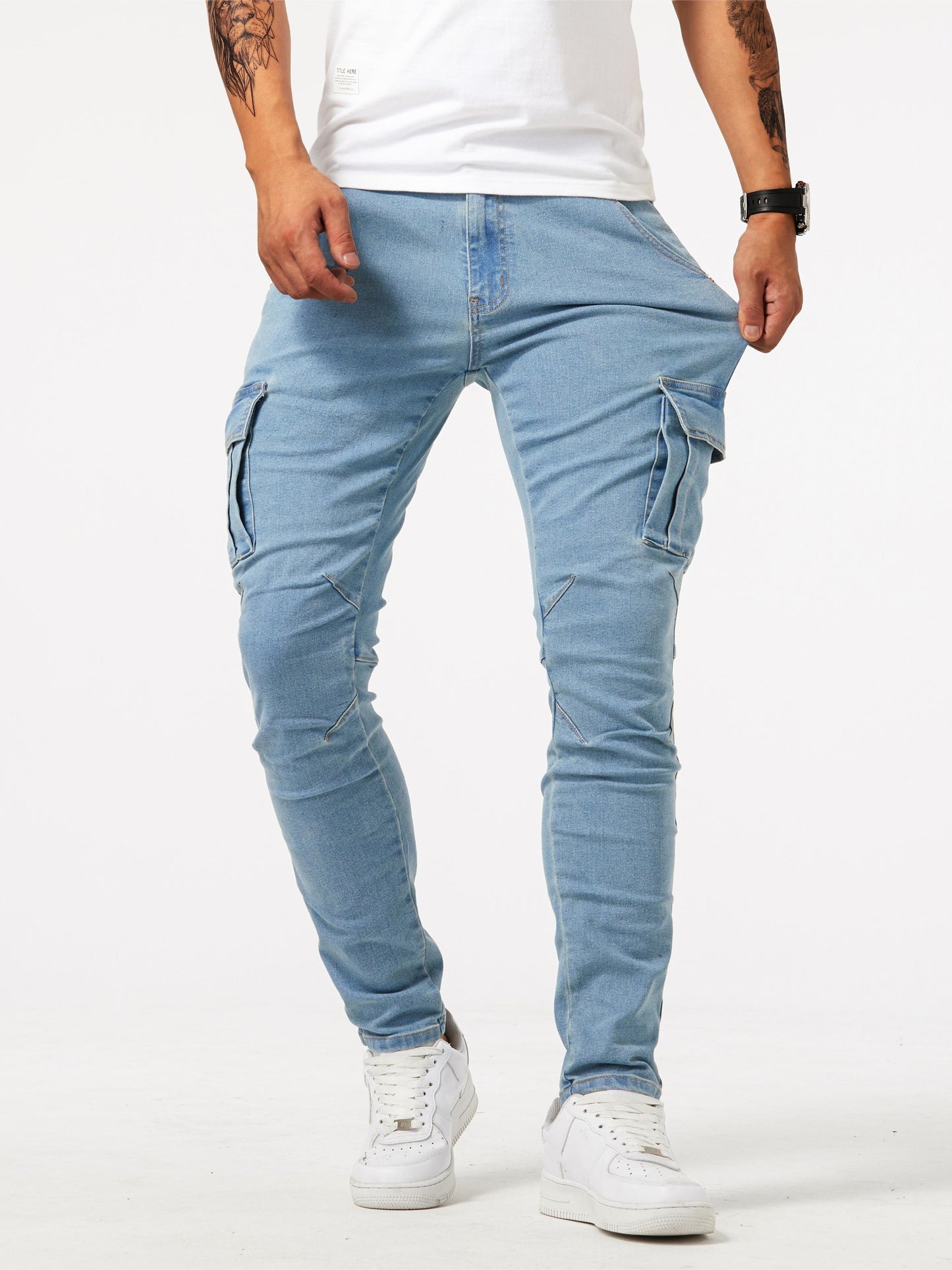 Slim Fit Cargo Jeans, Men's Casual Street Style Multi Pocket High Stretch Denim Pants For Spring Summer - Snug & Style