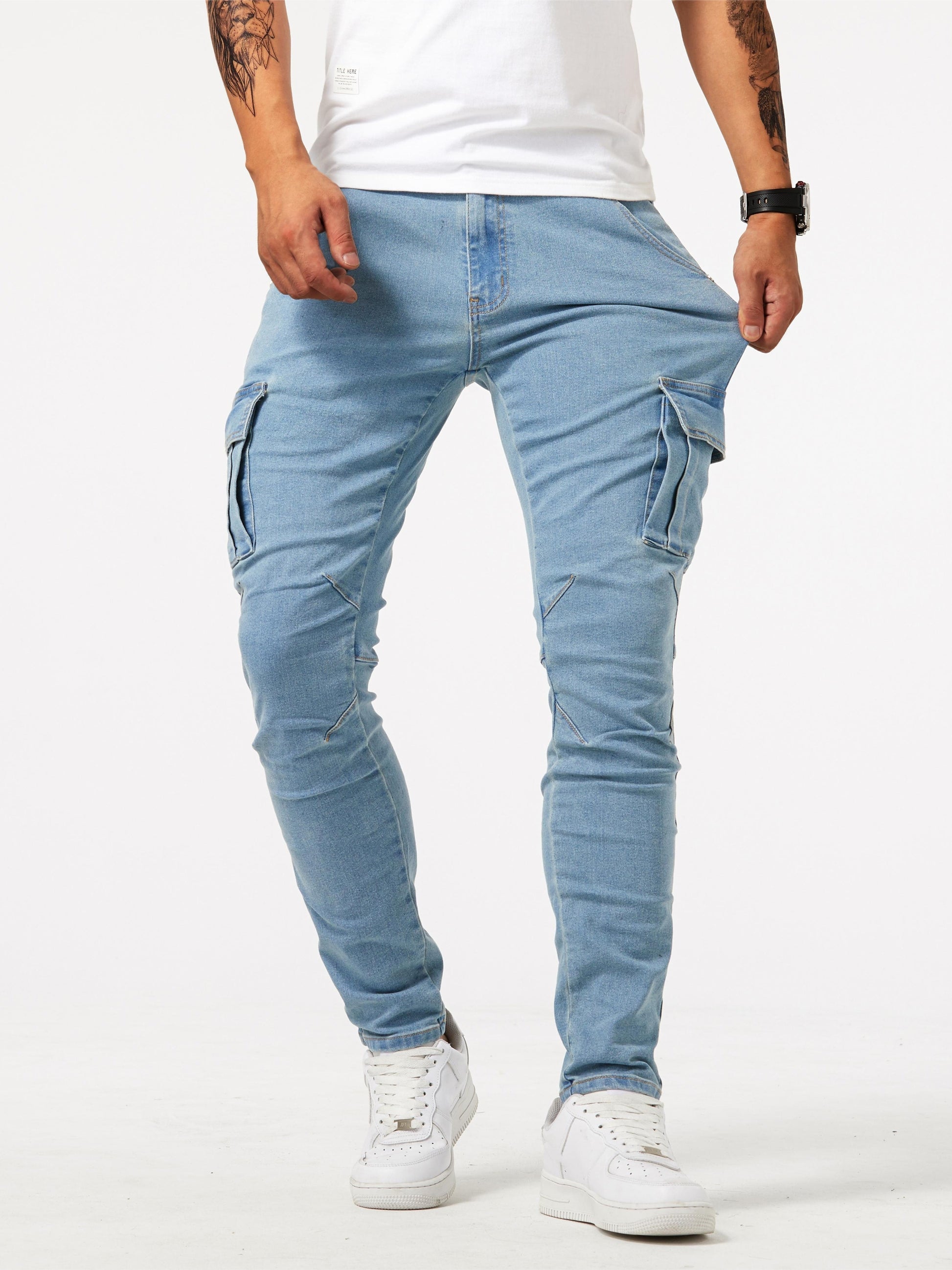 Slim Fit Cargo Jeans, Men's Casual Street Style Multi Pocket High Stretch Denim Pants For Spring Summer - Snug & Style