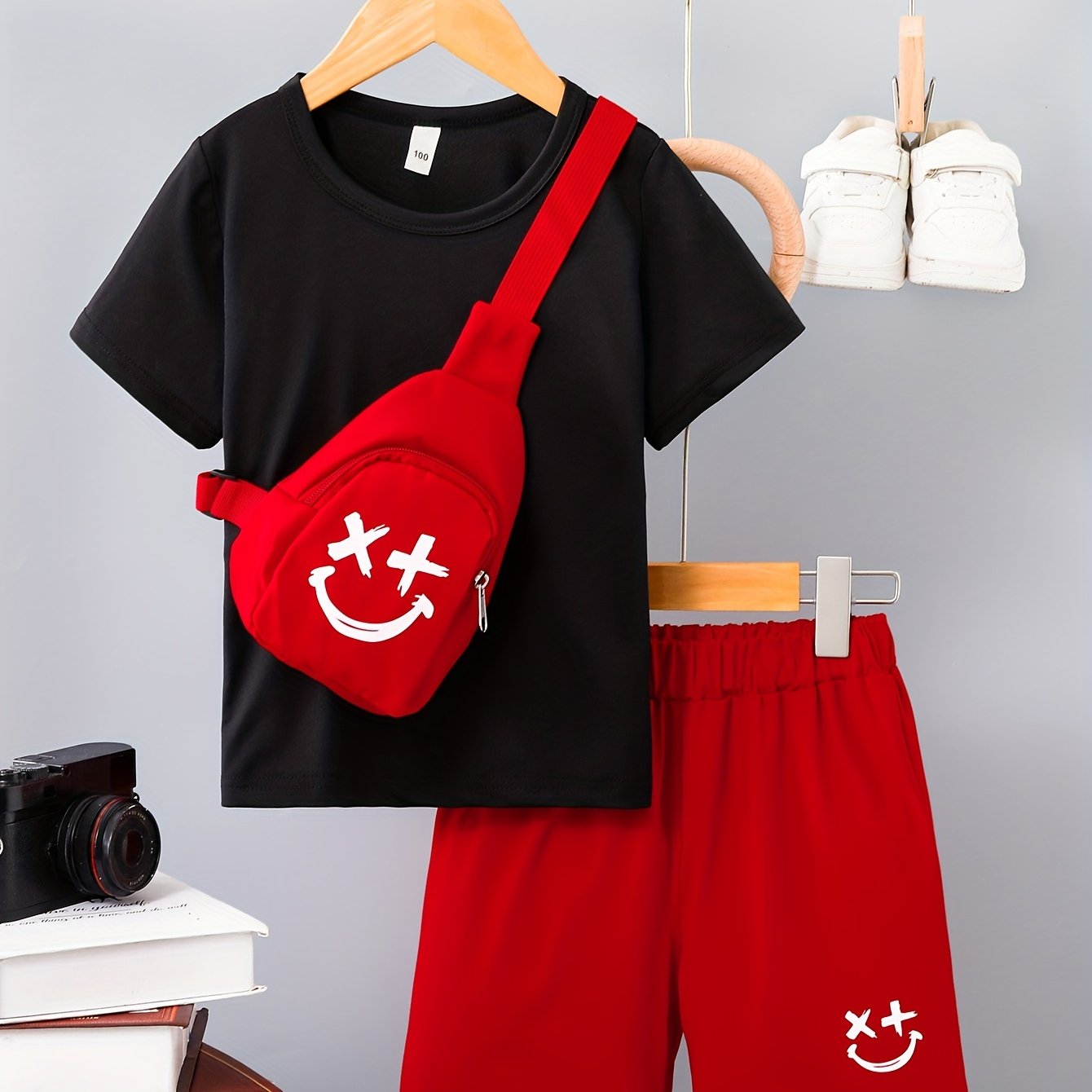 3-Pack Boys Trendy Summer Outfit - Soft Cotton Blend Solid T-shirts with Fun Smile Face Shorts & Handy Crossbody Bag - Comfortable, Lightweight, Perfect for Playtime - Snug & Style