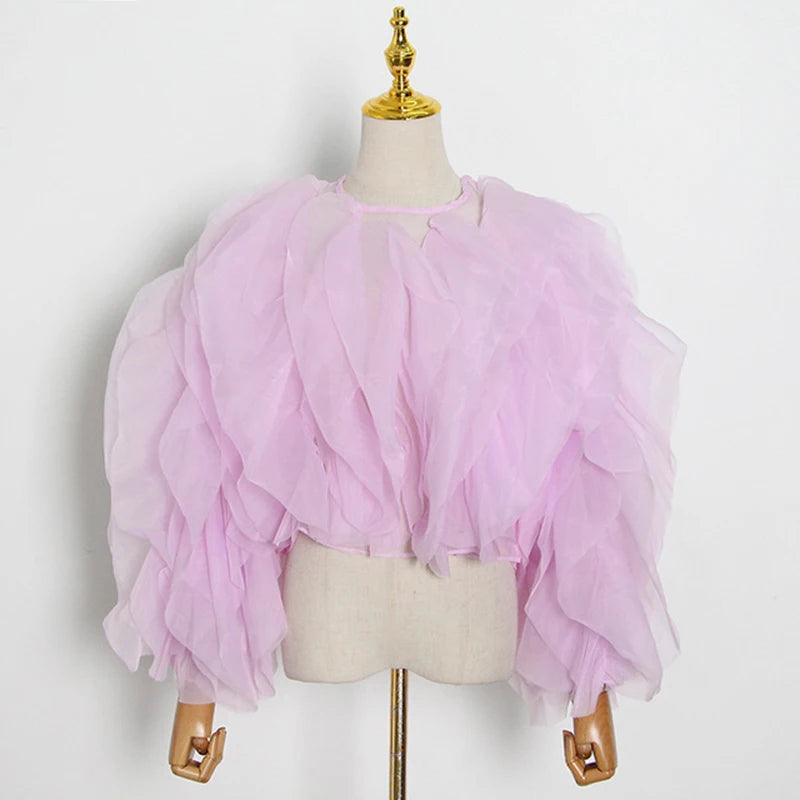 CHICEVER Elegant Shirts For Women O Neck Lantern Long Sleeve Asymmetrical Patchwork Ruffles Mesh Plus Size Blouses Female 2022 - Snug & Style