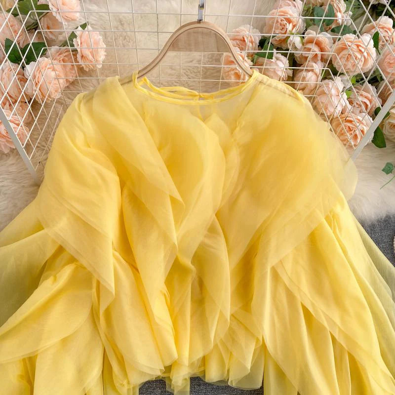 CHICEVER Elegant Shirts For Women O Neck Lantern Long Sleeve Asymmetrical Patchwork Ruffles Mesh Plus Size Blouses Female 2022 - Snug & Style