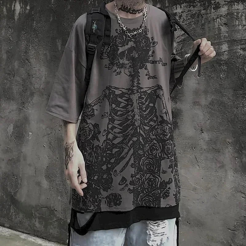 Men T-shirts 2023 Summer Streetwear High Street Gothic Skull Tshirt Loose Oversized Short-sleeved T shirt Dark Anime Men Y2k Top - Snug & Style