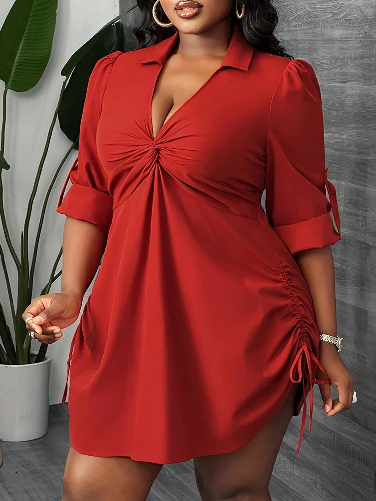 Plus Size Women's Elegant Long Sleeve Shirt Dress for Work, Party and Dating Twisted Front Waist Drawstring, Spring and Autumn - Snug & Style