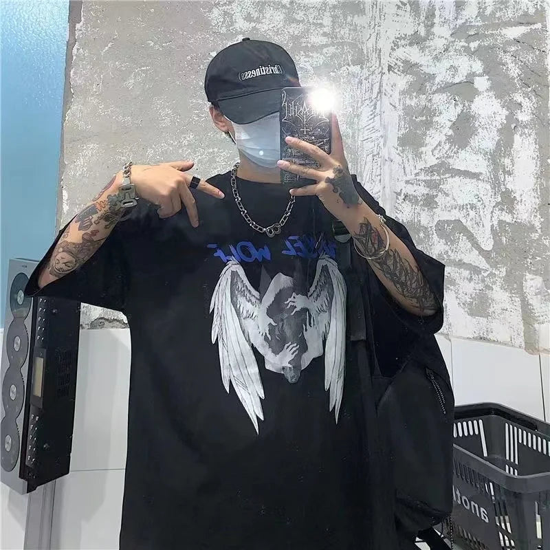 Men T-shirts 2023 Summer Streetwear High Street Gothic Skull Tshirt Loose Oversized Short-sleeved T shirt Dark Anime Men Y2k Top - Snug & Style